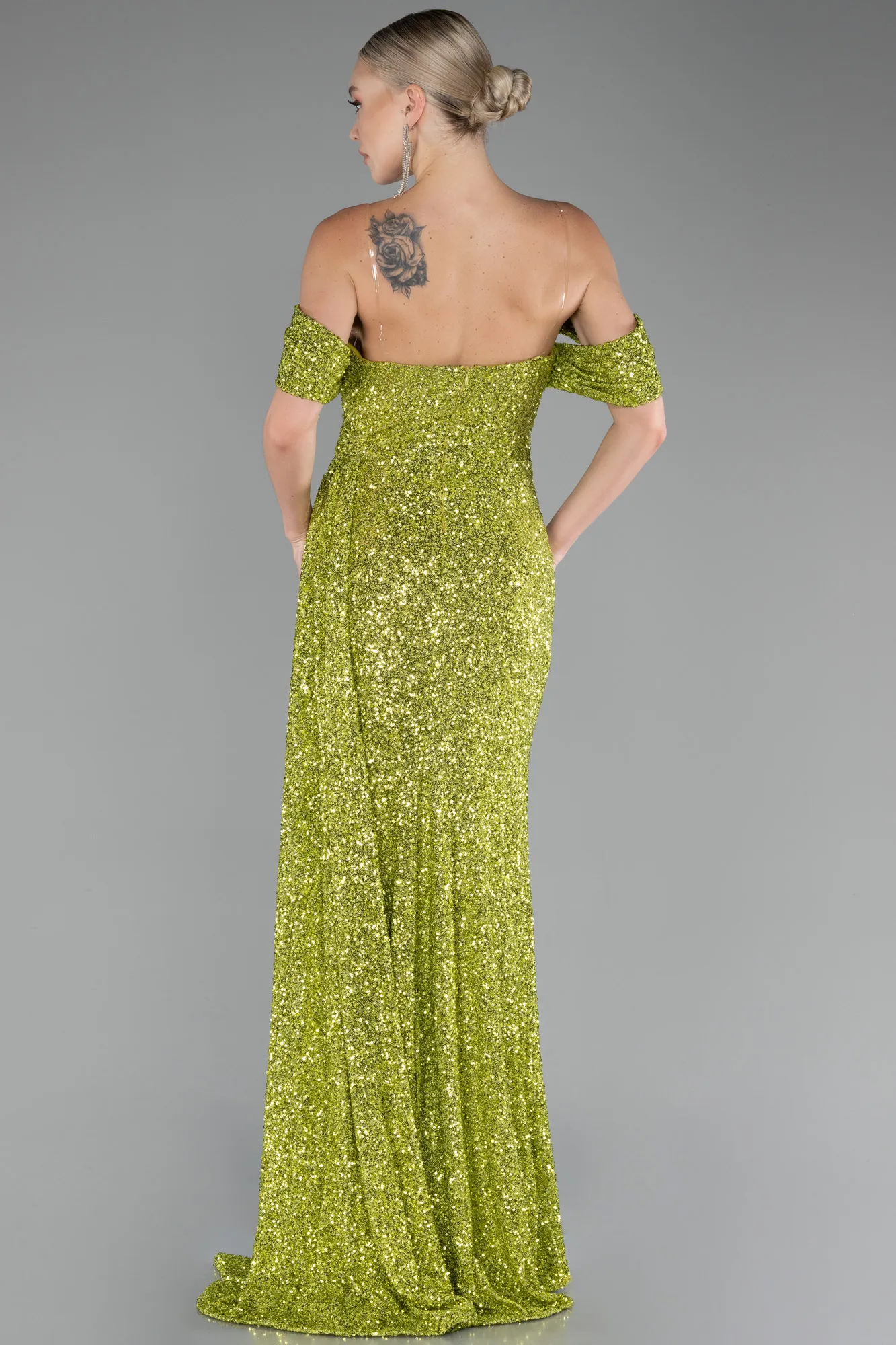 Pistachio Green-Off Shoulder Boat Neck Slit Sequined Long Evening Gown ABU4074