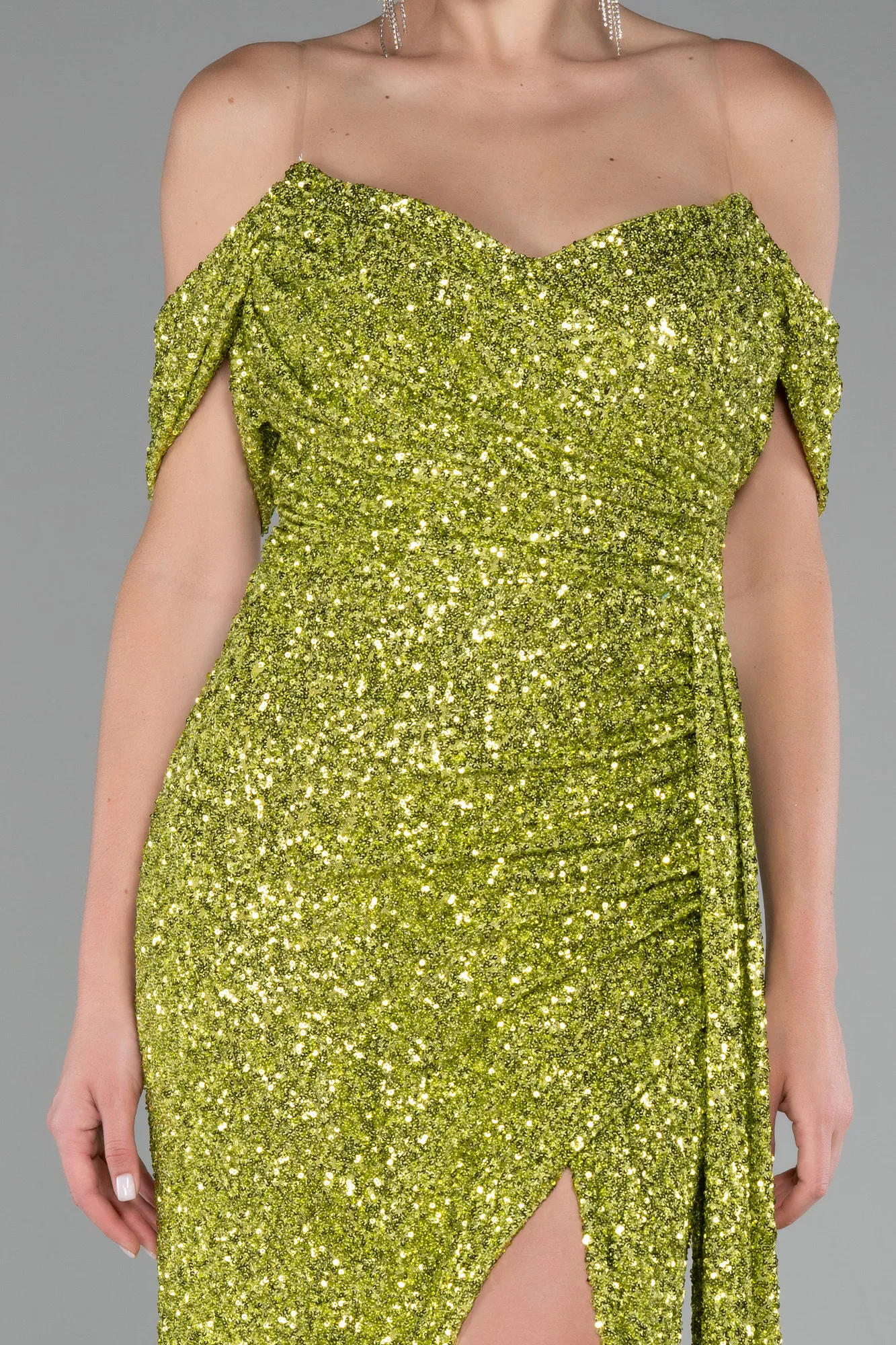 Pistachio Green-Off Shoulder Boat Neck Slit Sequined Long Evening Gown ABU4074