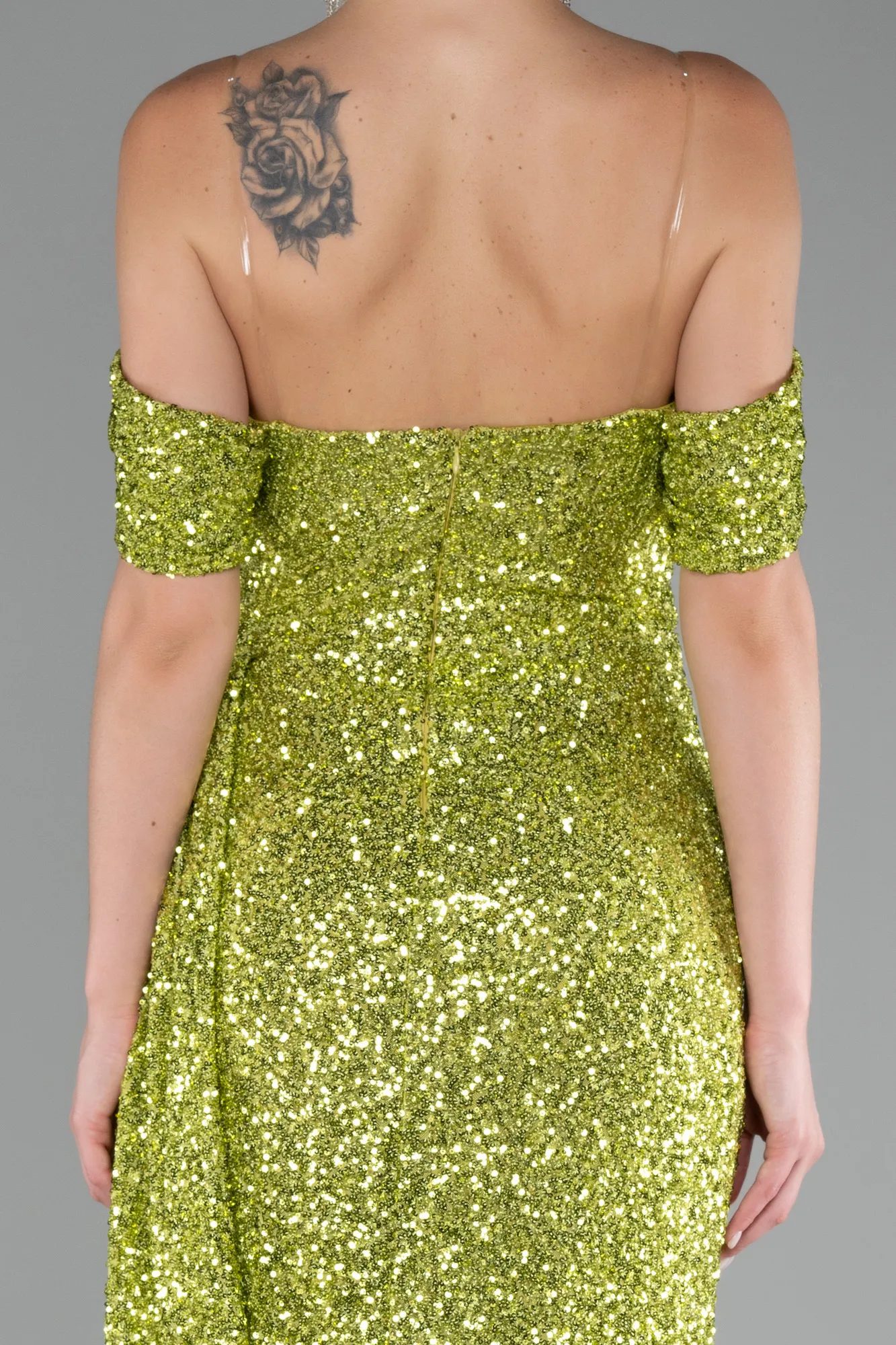 Pistachio Green-Off Shoulder Boat Neck Slit Sequined Long Evening Gown ABU4074