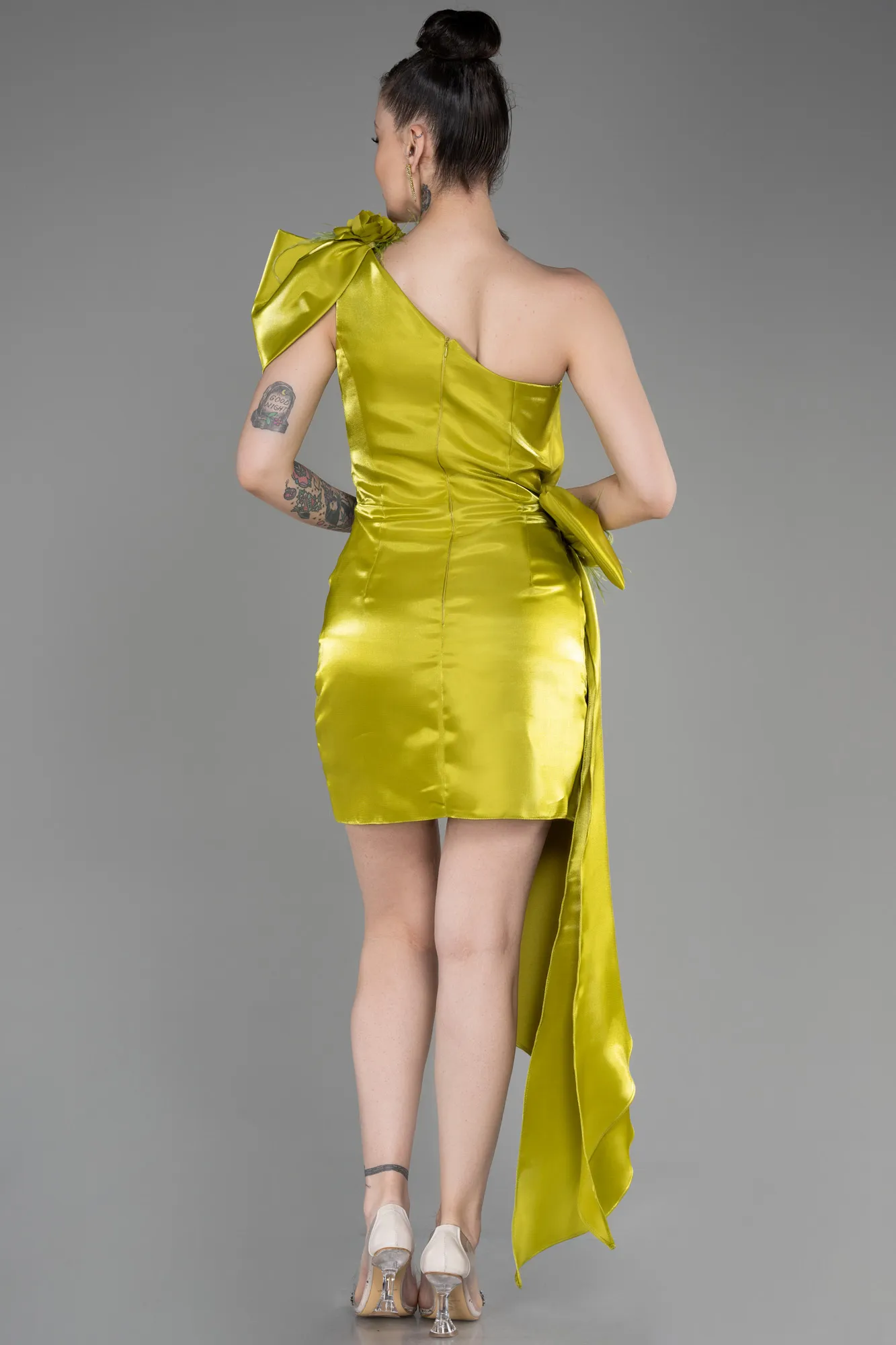 Pistachio Green-One Shoulder Satin Short Cocktail Dress ABK2036