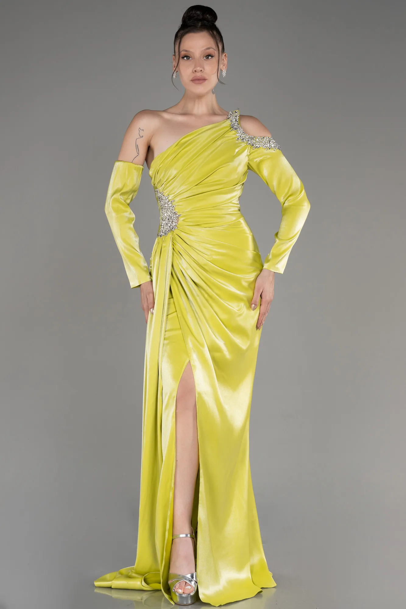 Pistachio Green-One Sleeve Long Formal Evening Dress ABU3976