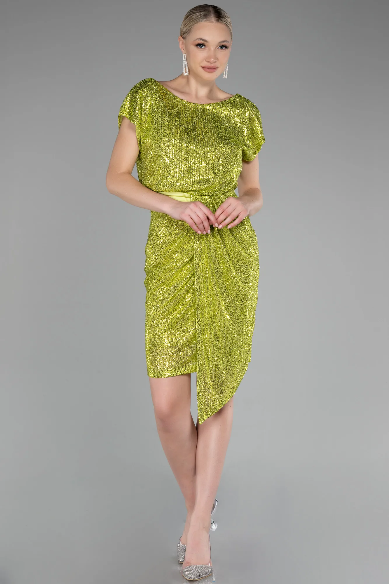 Pistachio Green-Short Sleeve Sequined Party Dress ABK2125