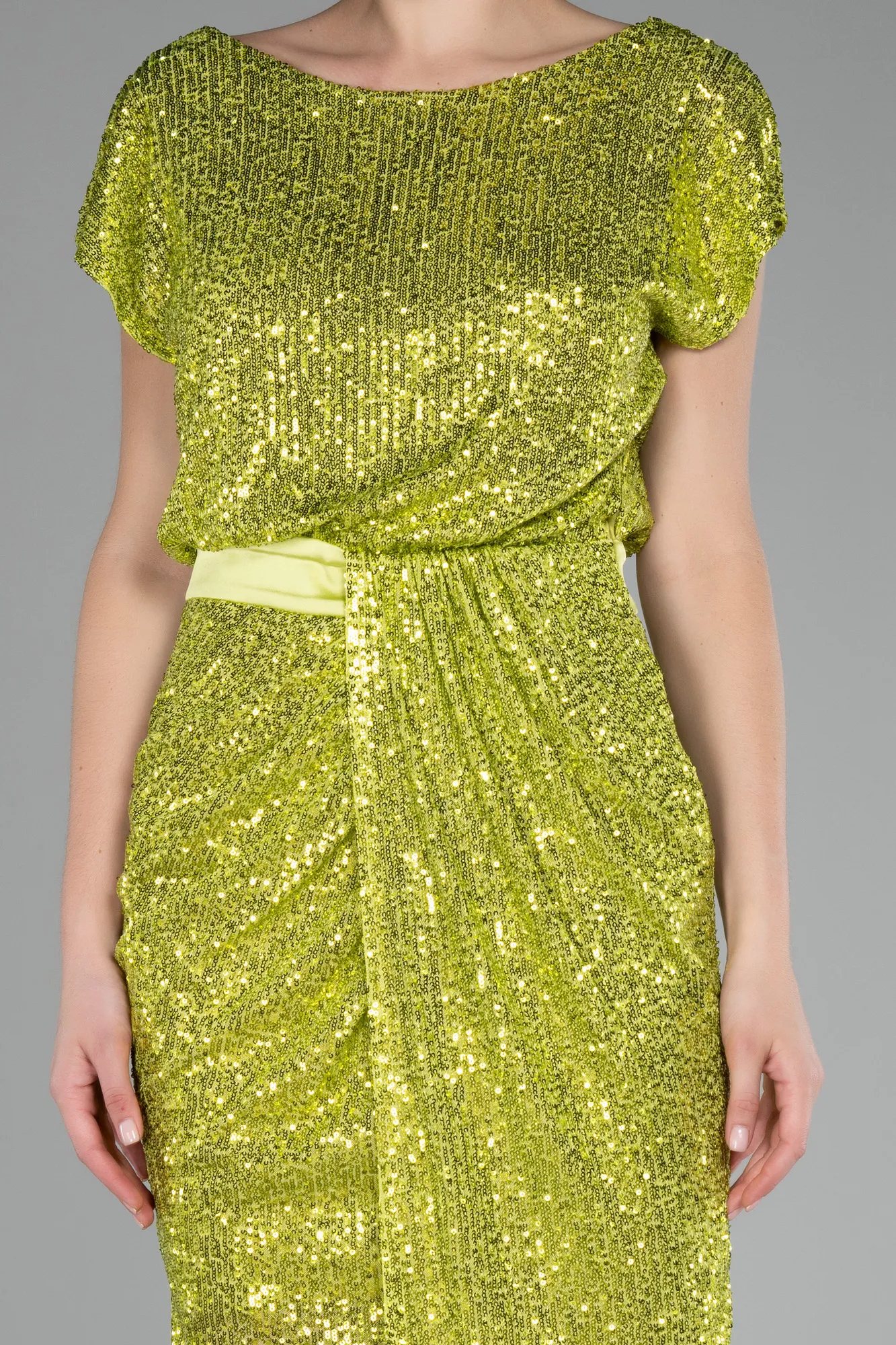 Pistachio Green-Short Sleeve Sequined Party Dress ABK2125