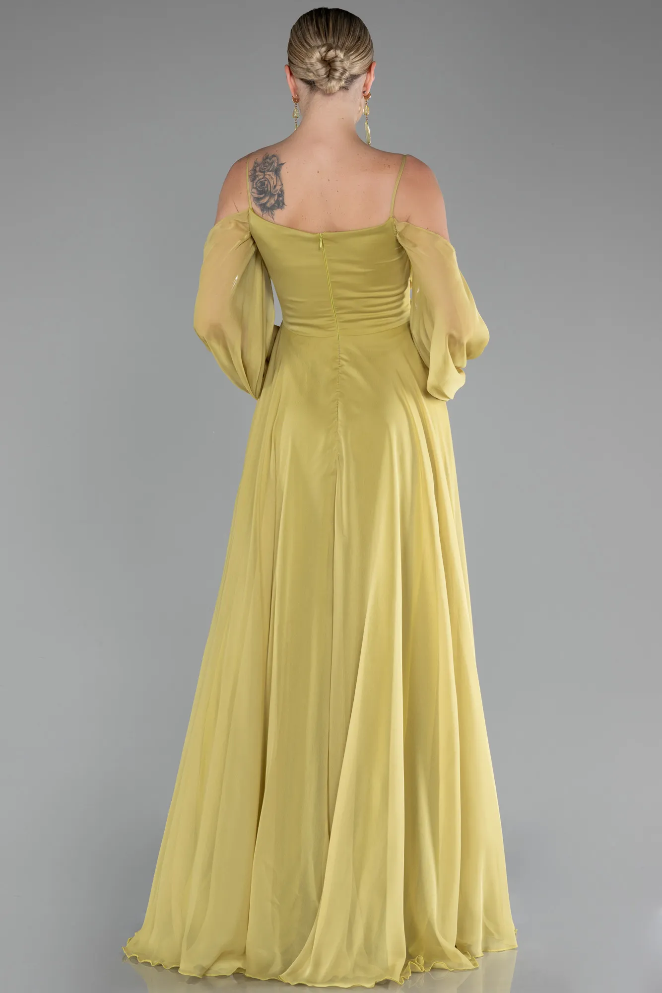 Pistachio Green-Shoulder Decollete Long Sleeve Chiffon Prom Dress ABU4165