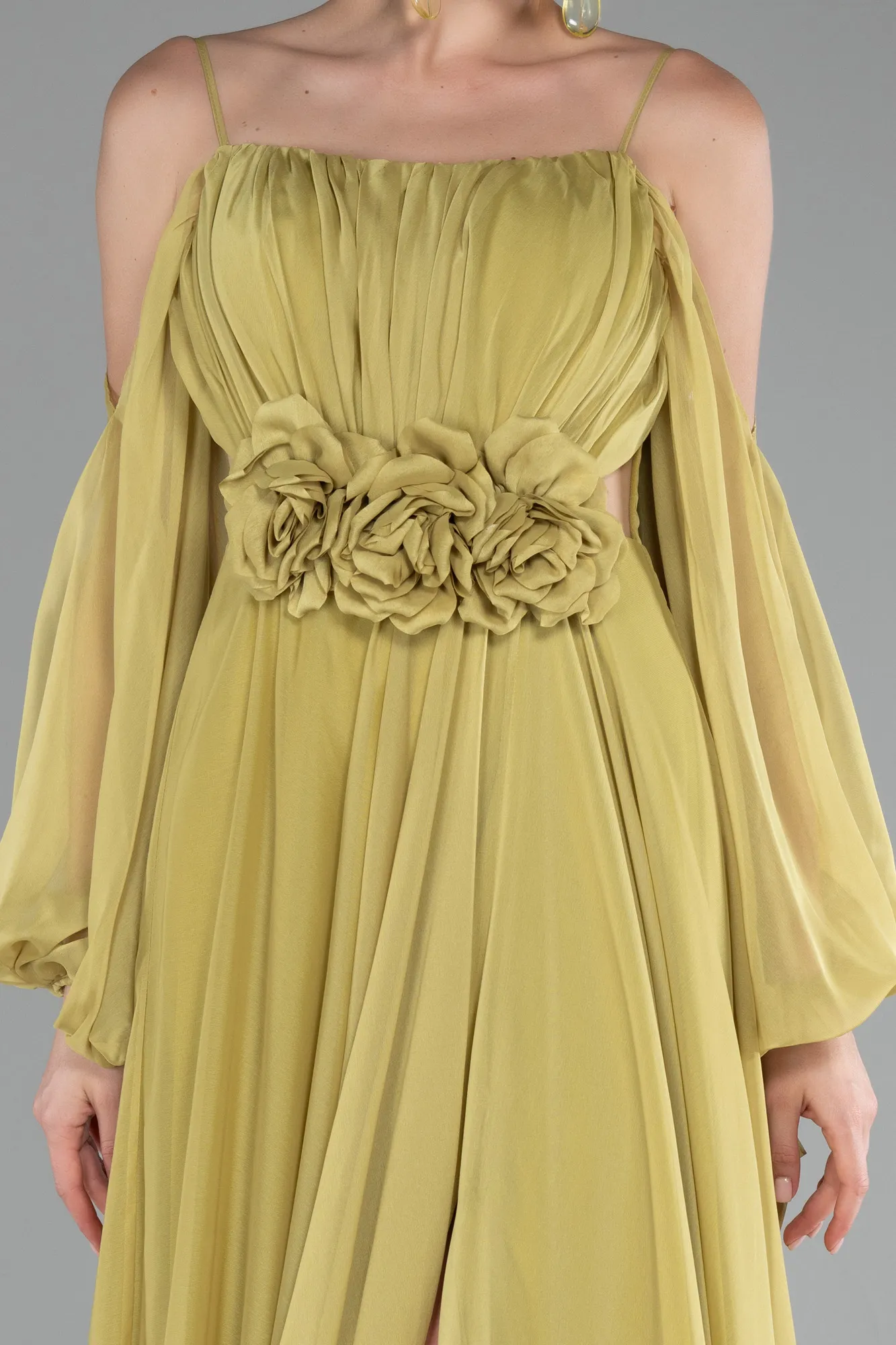 Pistachio Green-Shoulder Decollete Long Sleeve Chiffon Prom Dress ABU4165