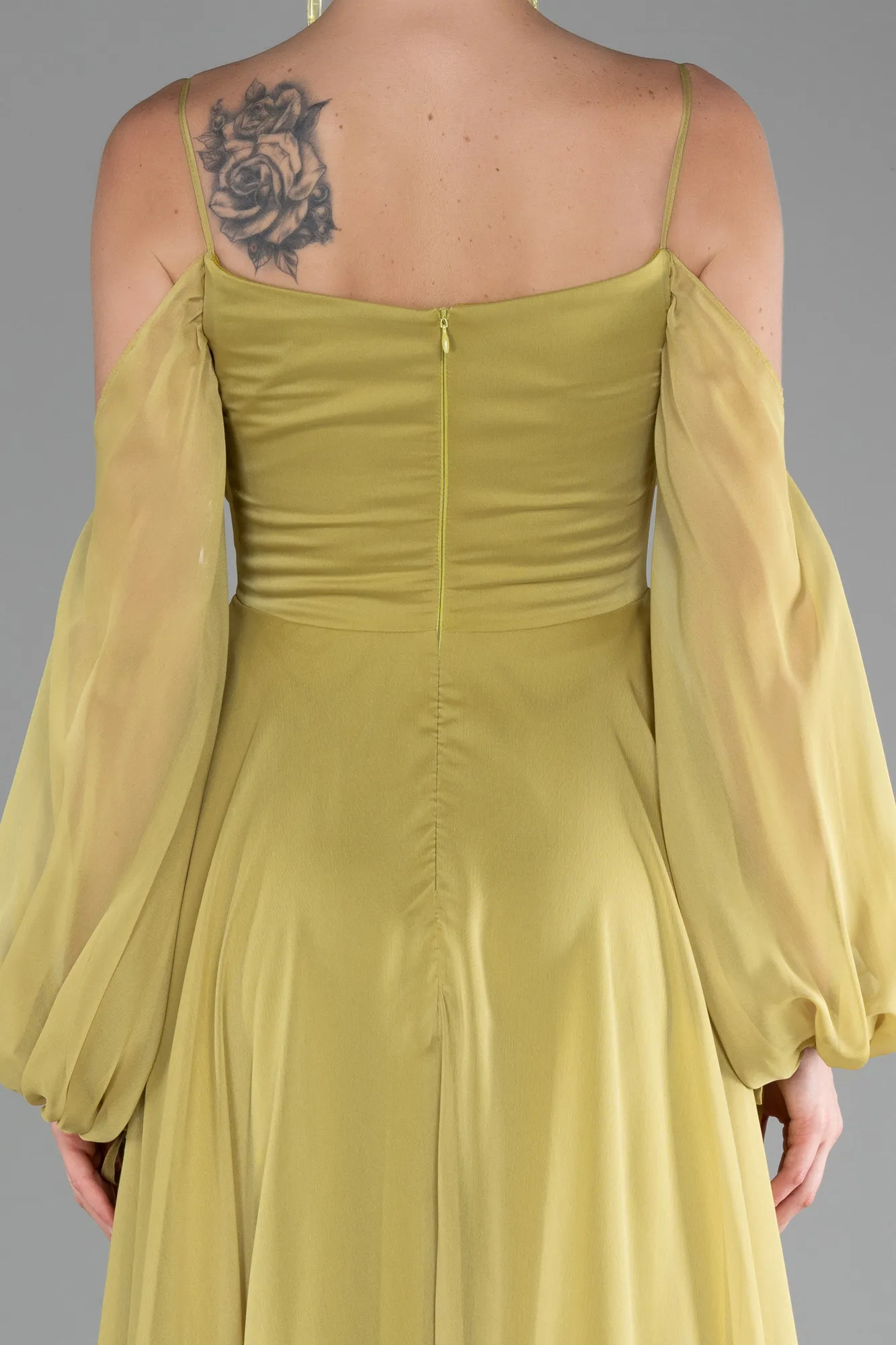 Pistachio Green-Shoulder Decollete Long Sleeve Chiffon Prom Dress ABU4165