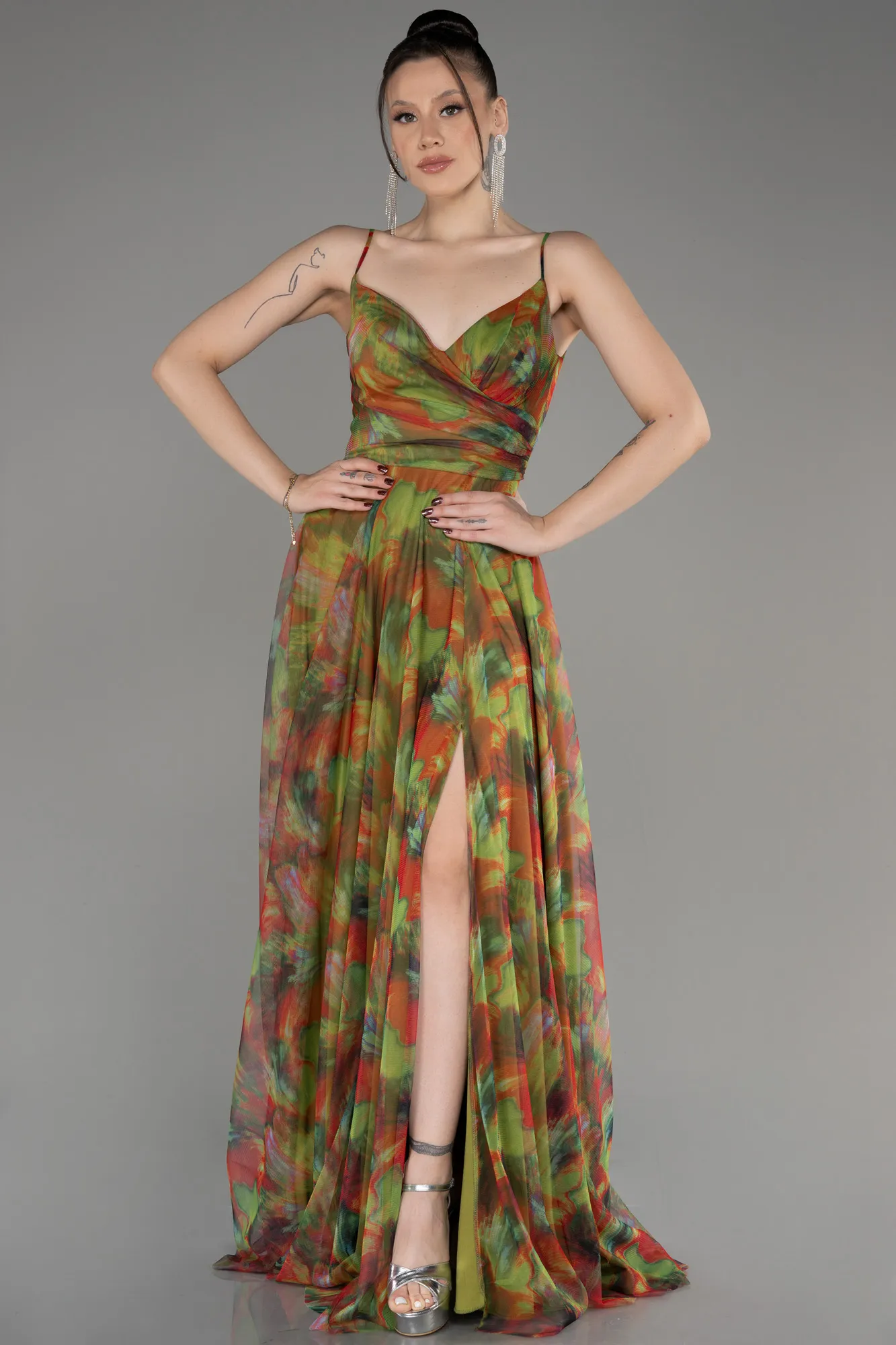 Pistachio Green-Slit Long Printed Prom Dress ABU4359