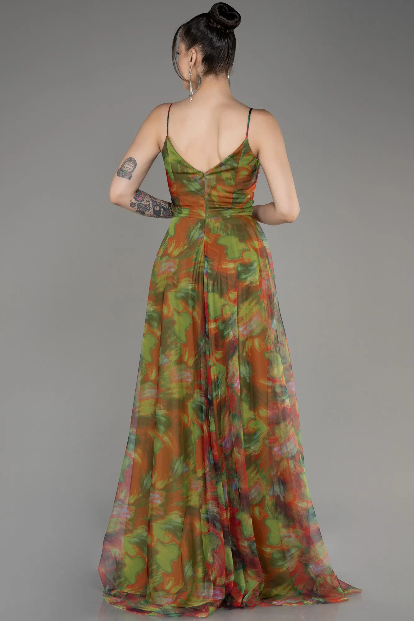 Pistachio Green-Slit Long Printed Prom Dress ABU4359