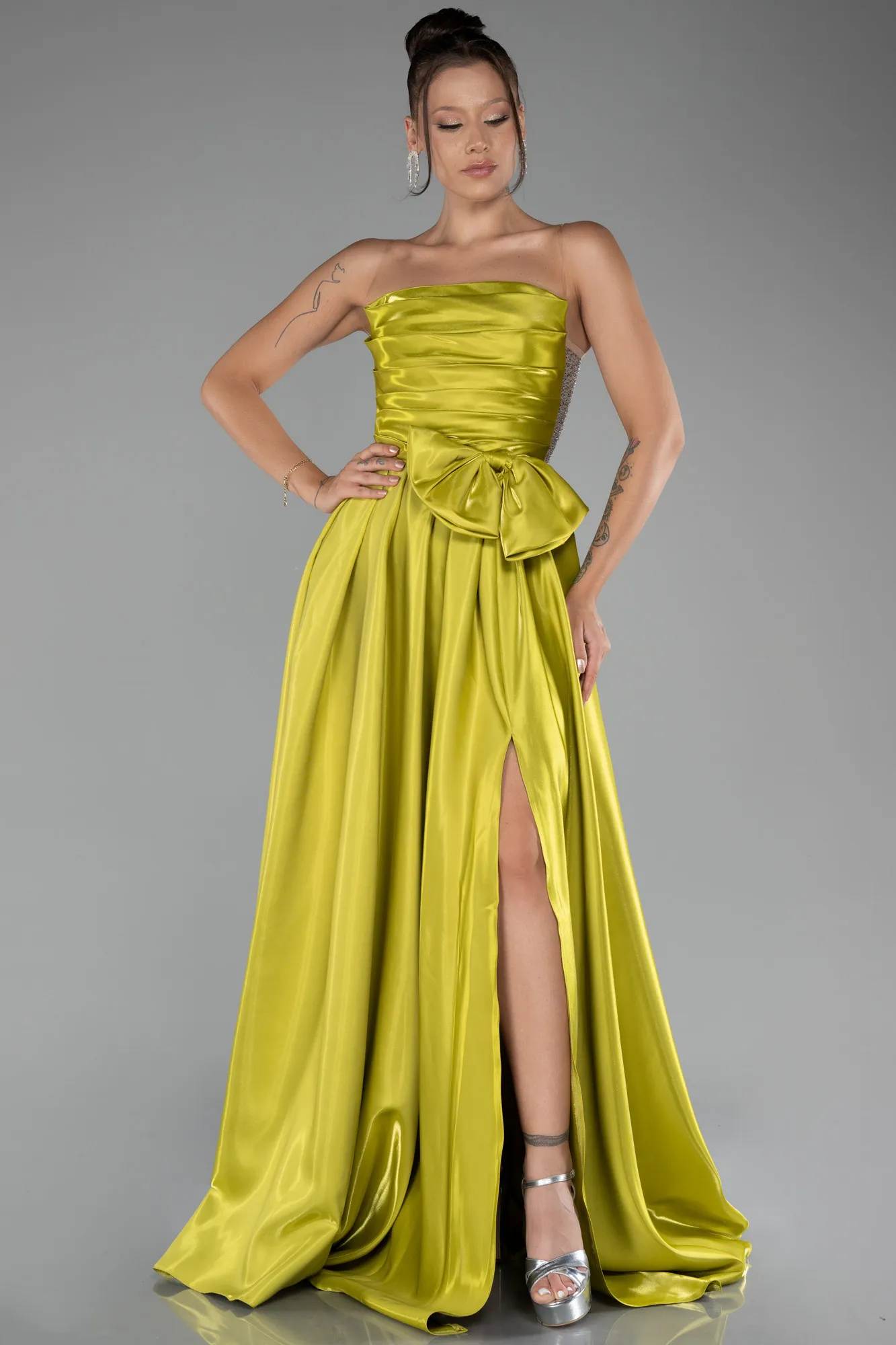 Pistachio Green-Strapless Slit Long Ball Gown ABU4015