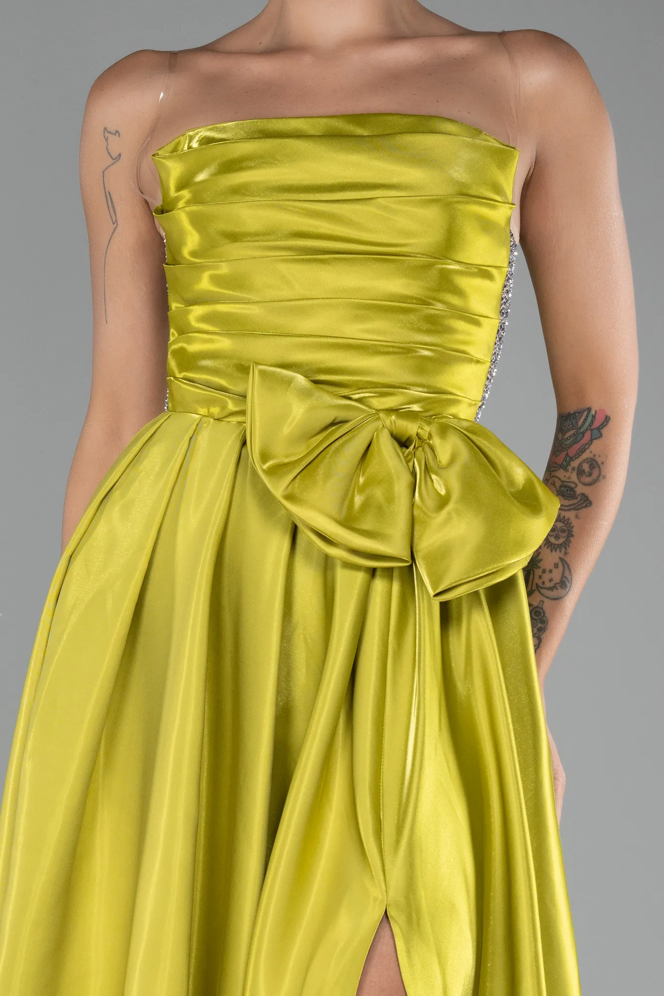 Pistachio Green-Strapless Slit Long Ball Gown ABU4015