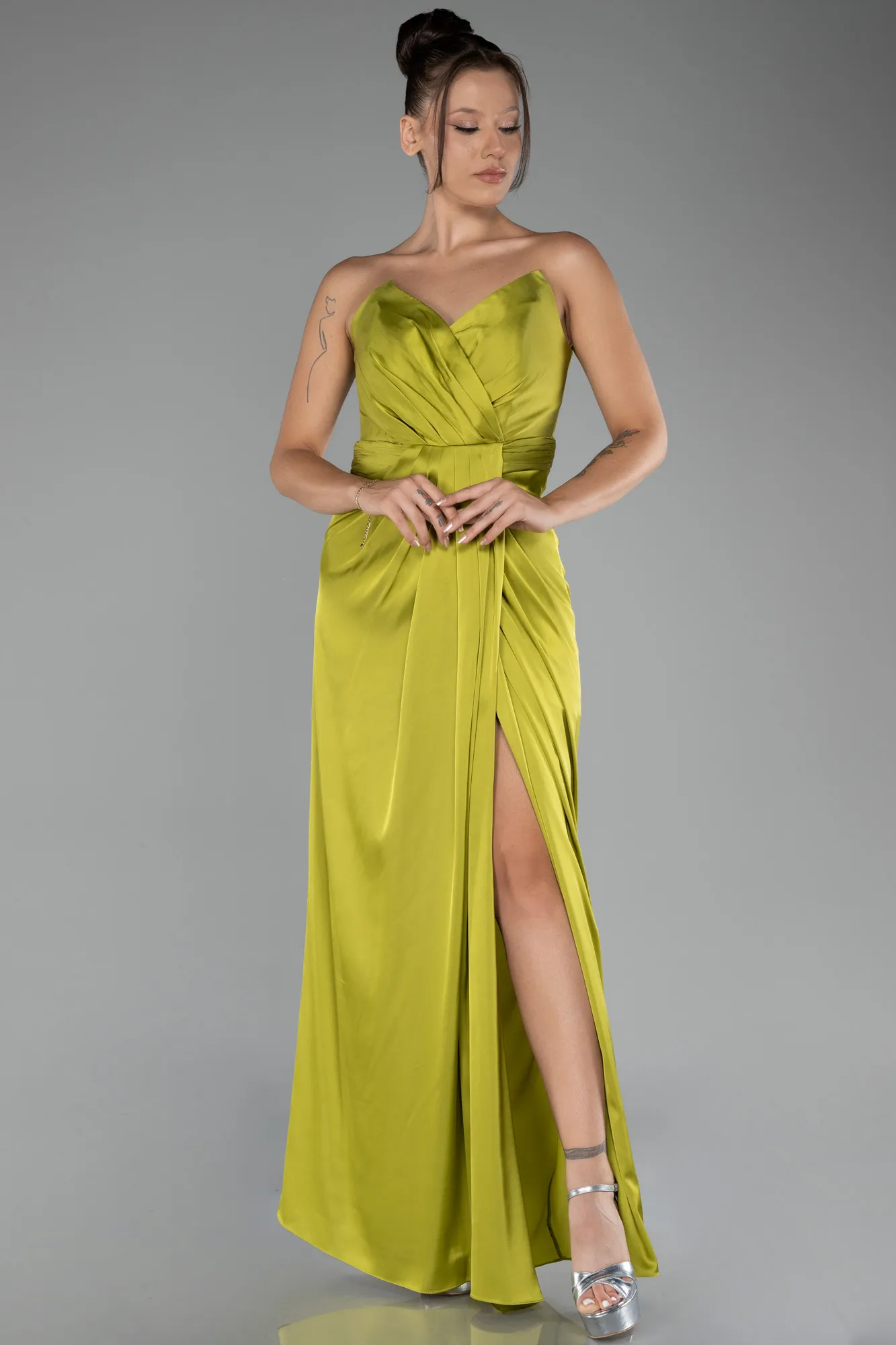 Pistachio Green-Strapless Slit Long Satin Prom Gown ABU4071