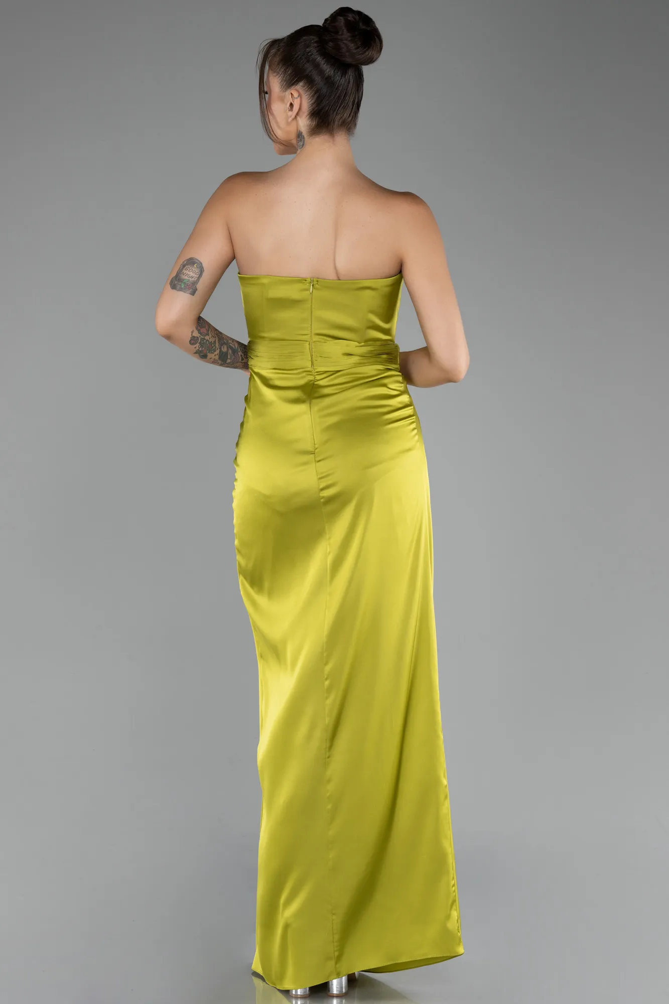 Pistachio Green-Strapless Slit Long Satin Prom Gown ABU4071