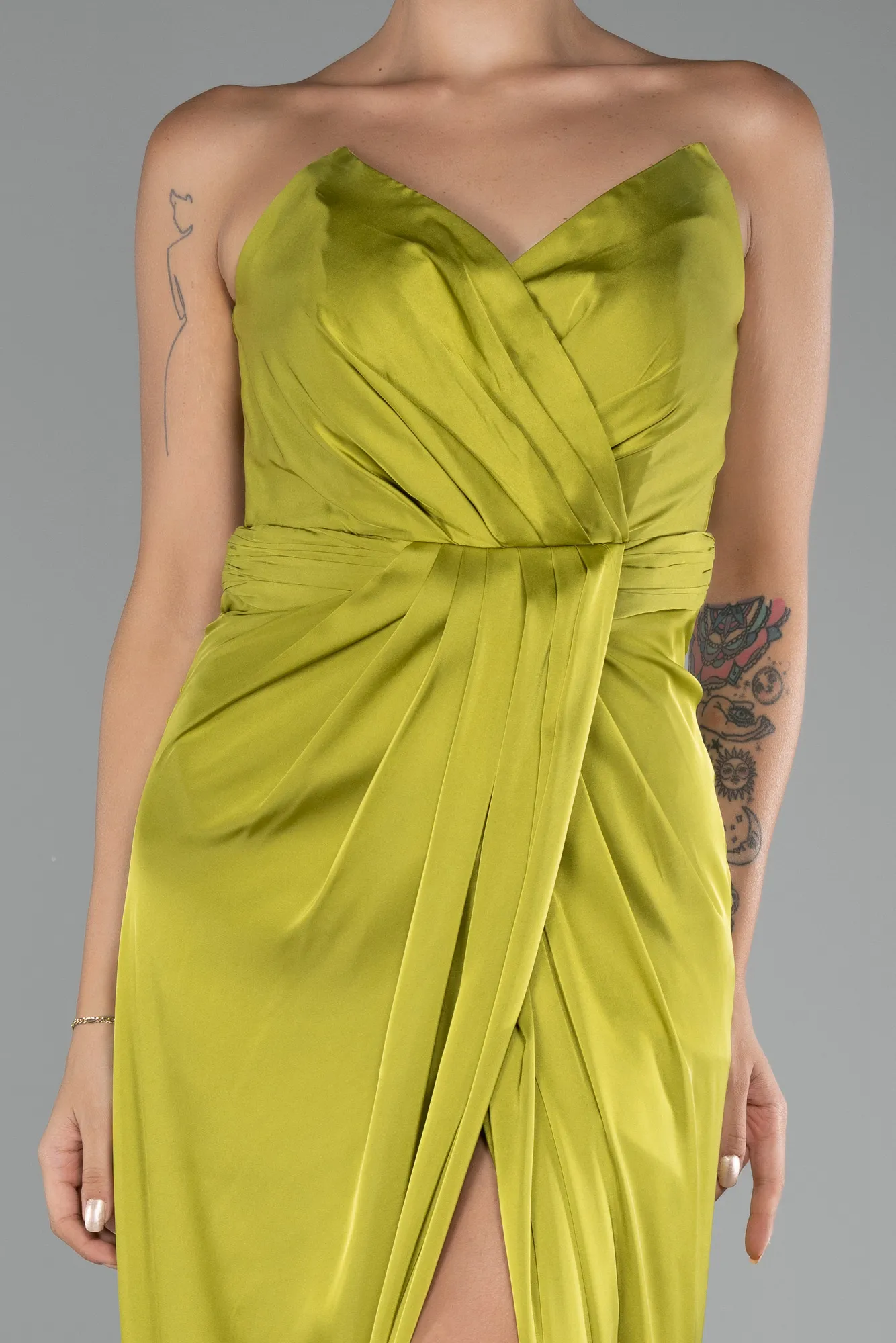 Pistachio Green-Strapless Slit Long Satin Prom Gown ABU4071