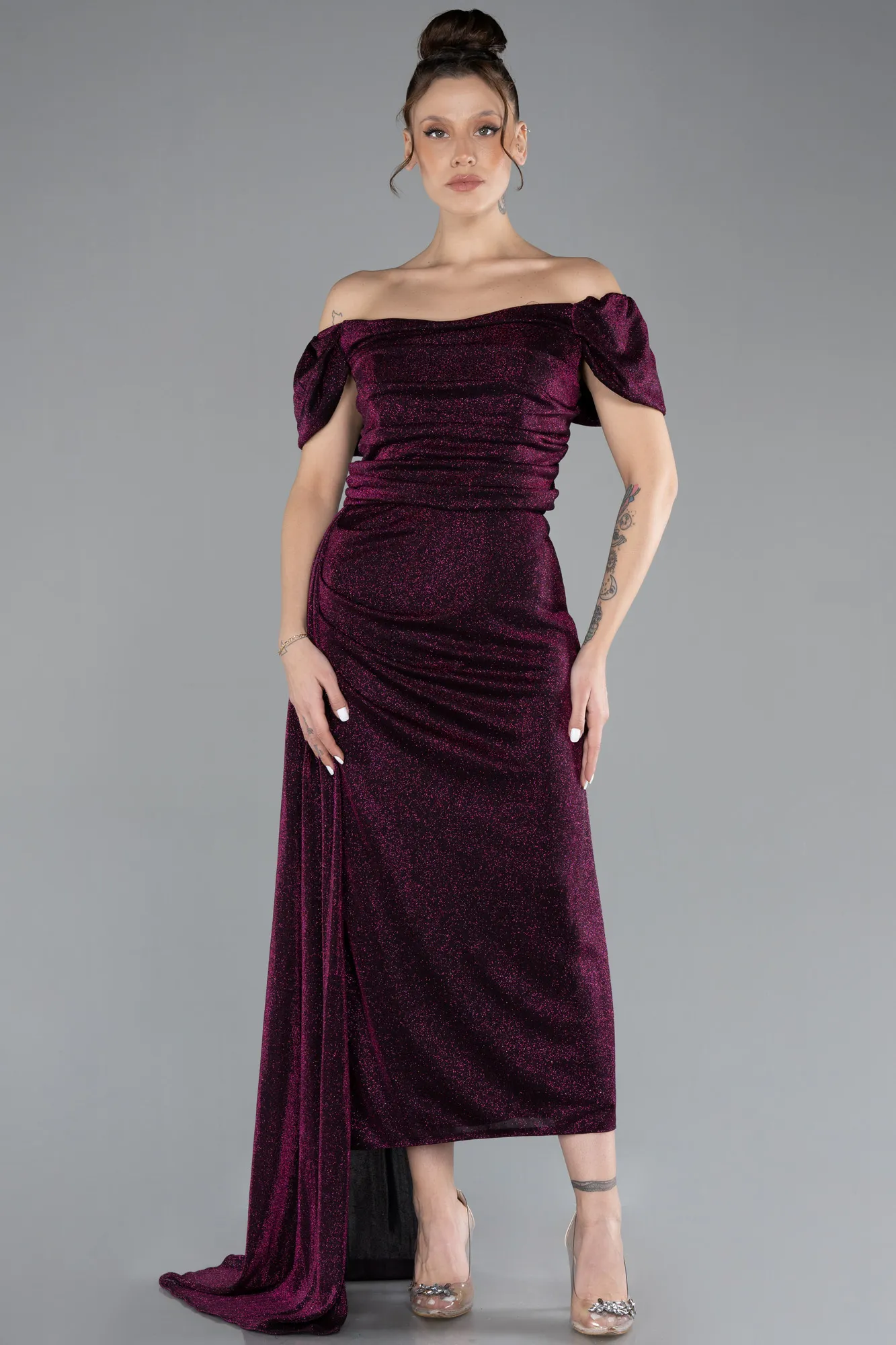 Plum-Boat Neck Midi Glittered Plus Size Evening Dress ABK2181