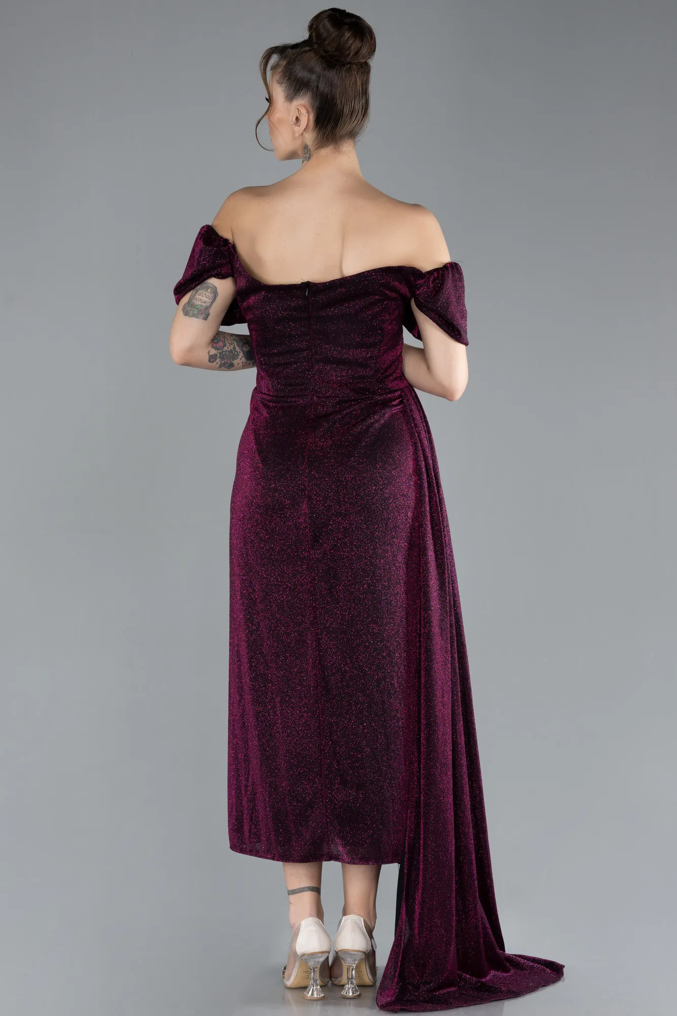 Plum-Boat Neck Midi Glittered Plus Size Evening Dress ABK2181