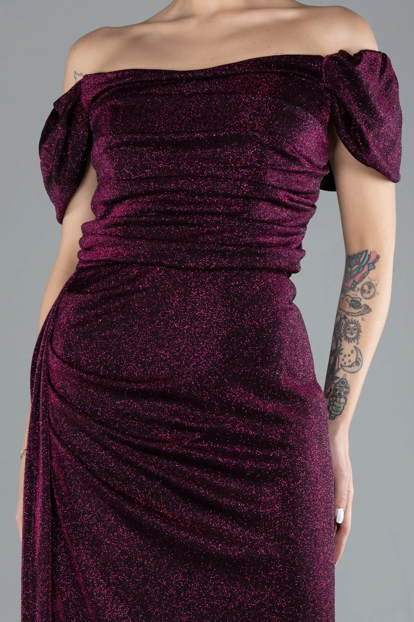 Plum-Boat Neck Midi Glittered Plus Size Evening Dress ABK2181