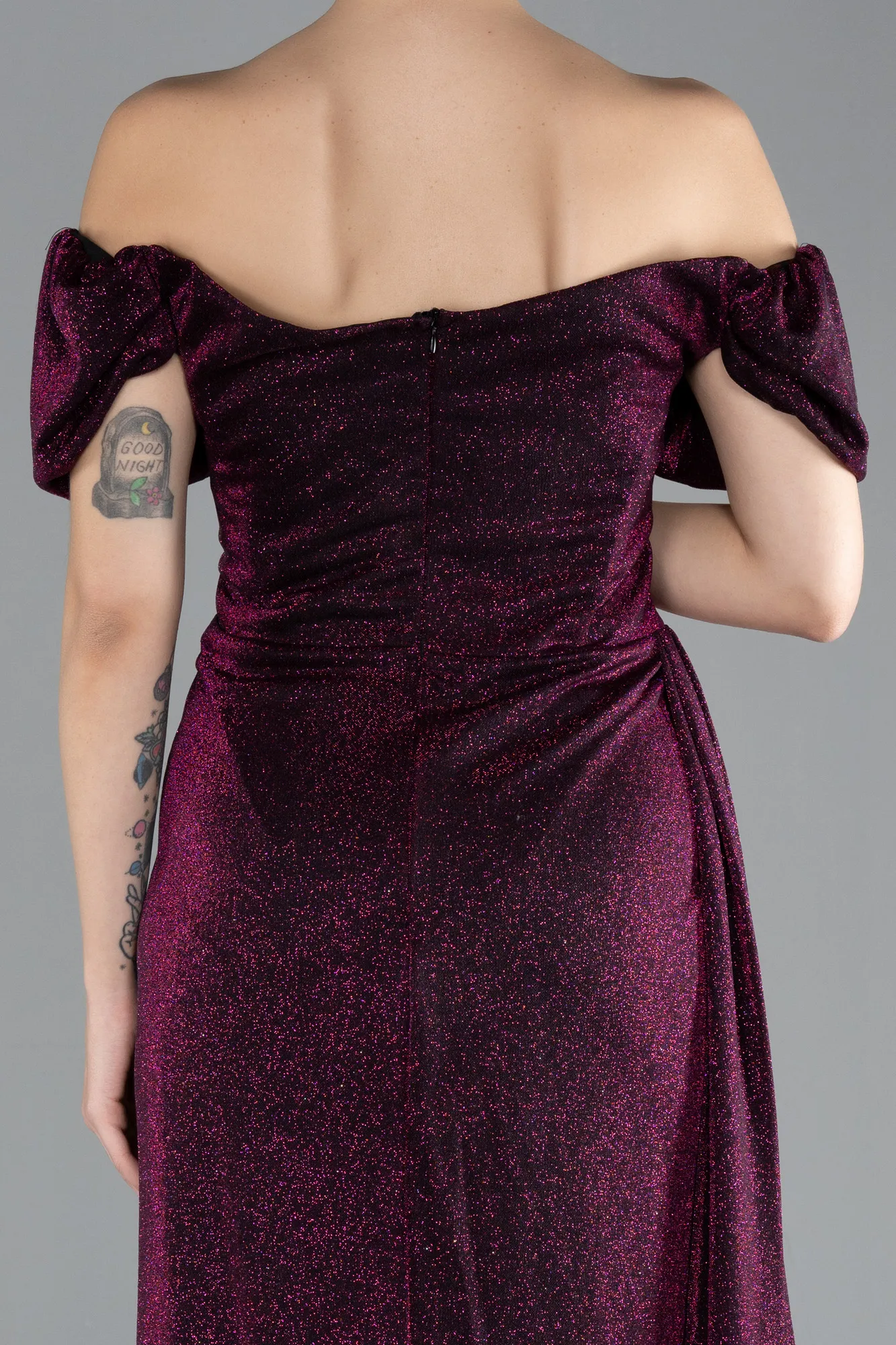 Plum-Boat Neck Midi Glittered Plus Size Evening Dress ABK2181