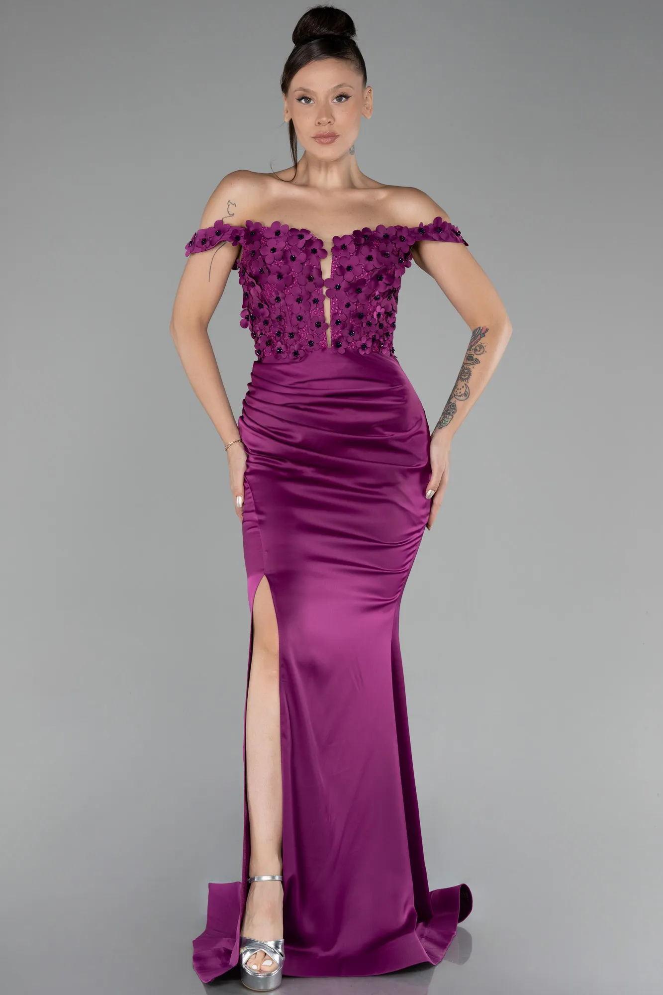 Plum-Boat Neck Slit Long Prom Gown ABU4264