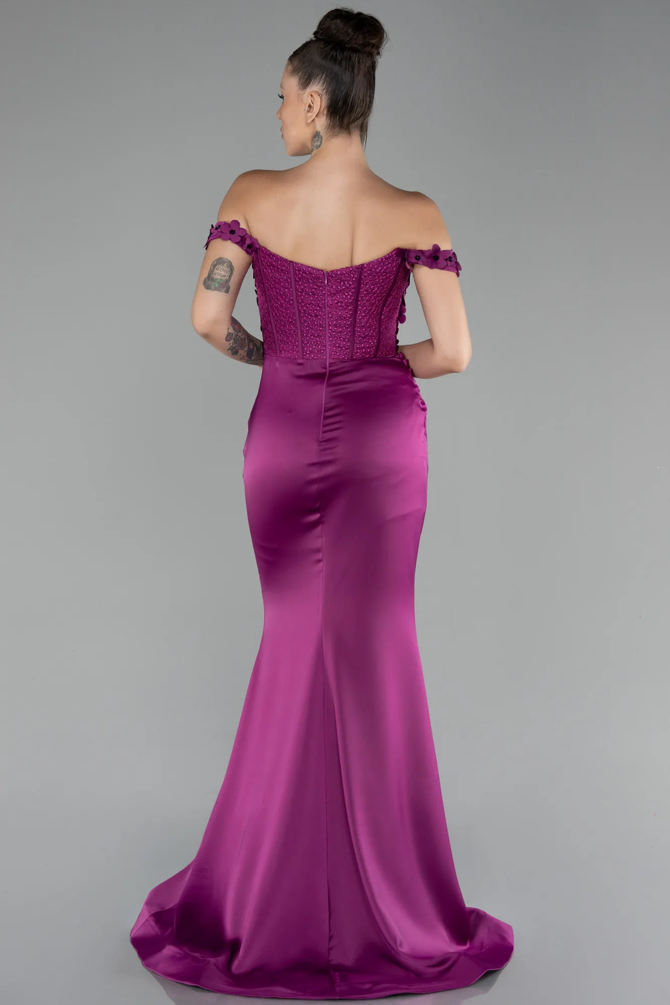 Plum-Boat Neck Slit Long Prom Gown ABU4264