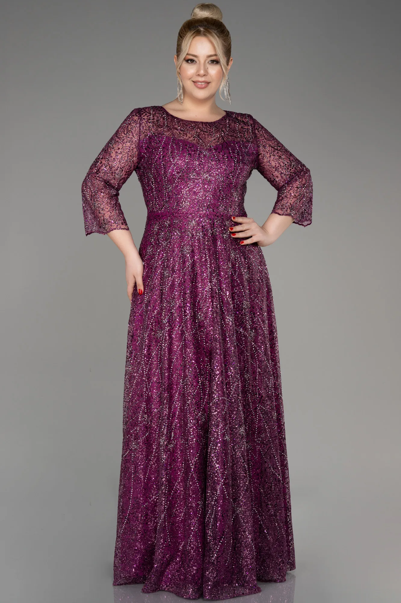 Plum-Capri Sleeve Stone Long Guipure Plus Size Evening Dress ABU3929