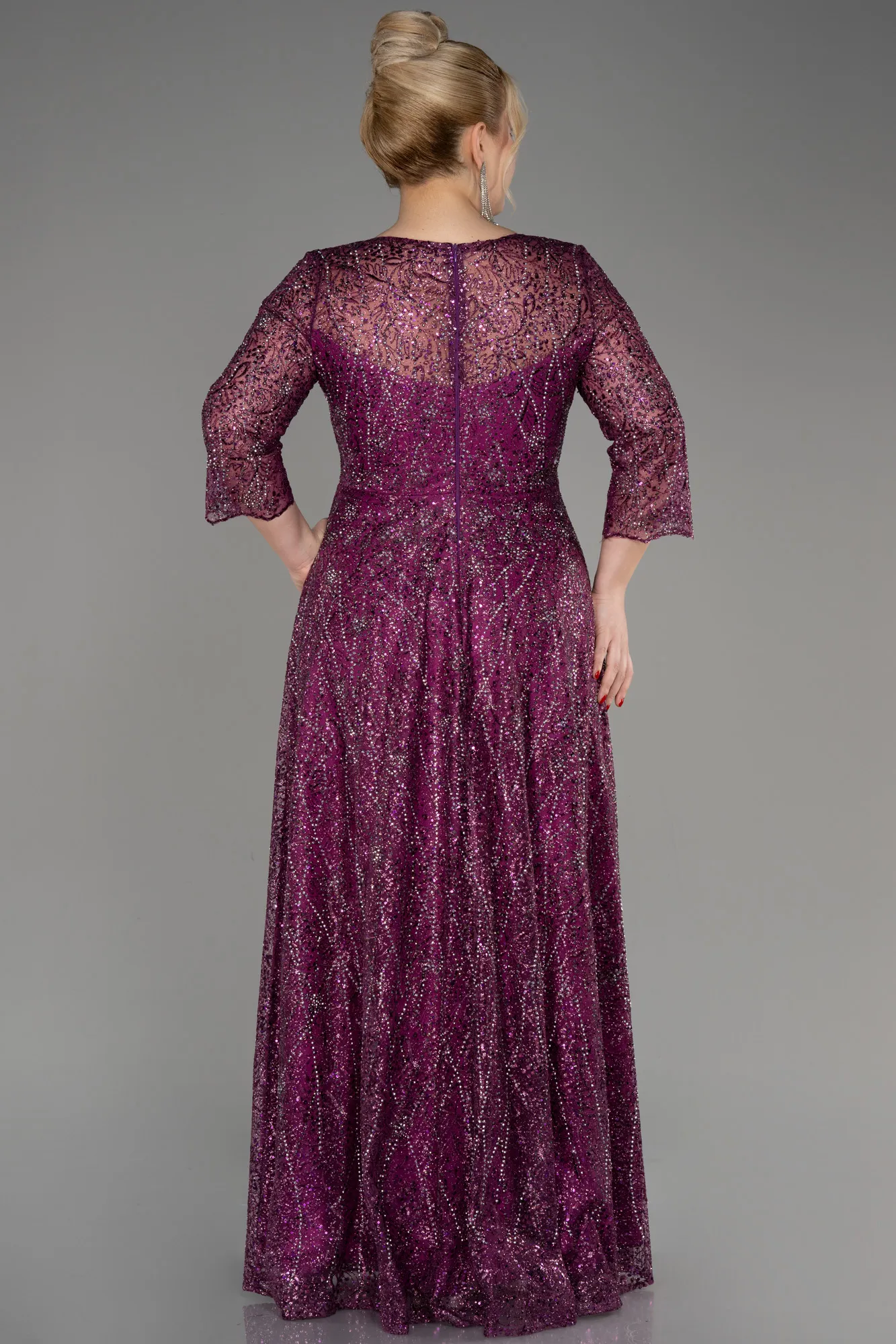 Plum-Capri Sleeve Stone Long Guipure Plus Size Evening Dress ABU3929