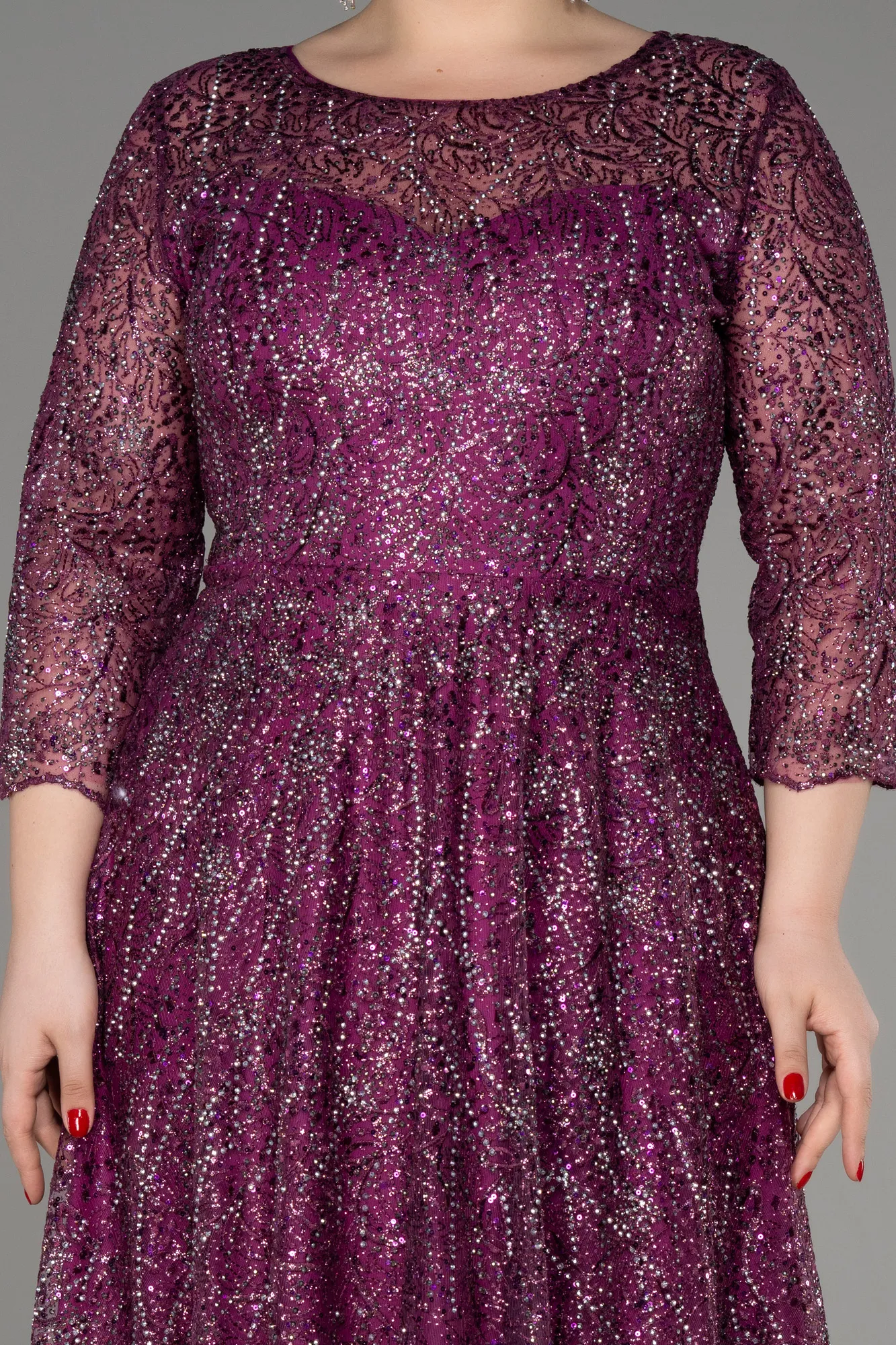 Plum-Capri Sleeve Stone Long Guipure Plus Size Evening Dress ABU3929