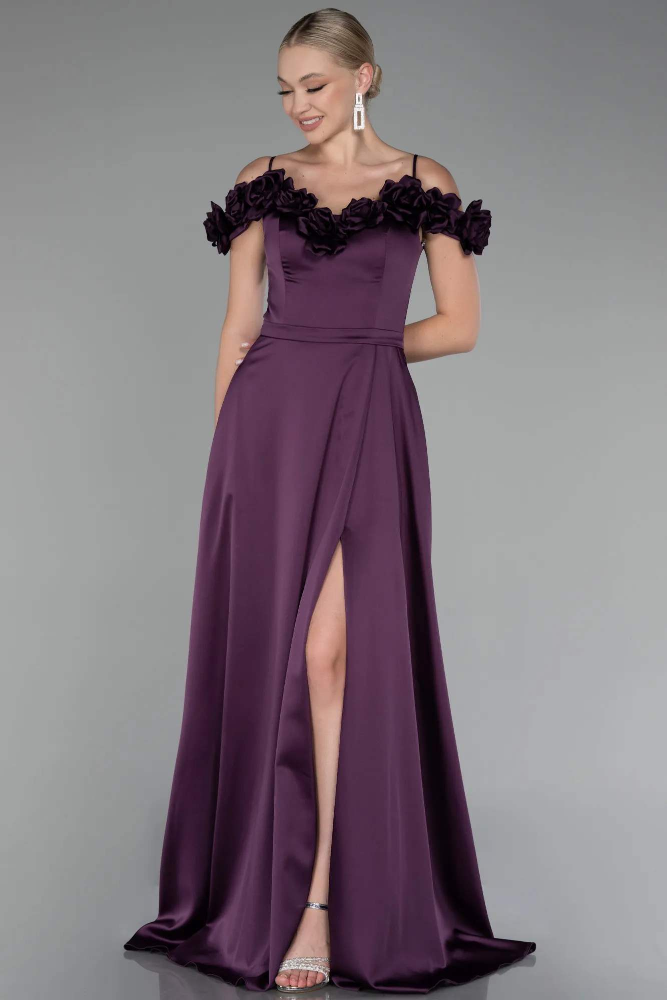 Plum-Floral Boat Neck Slit Long Satin Evening Dress ABU4123