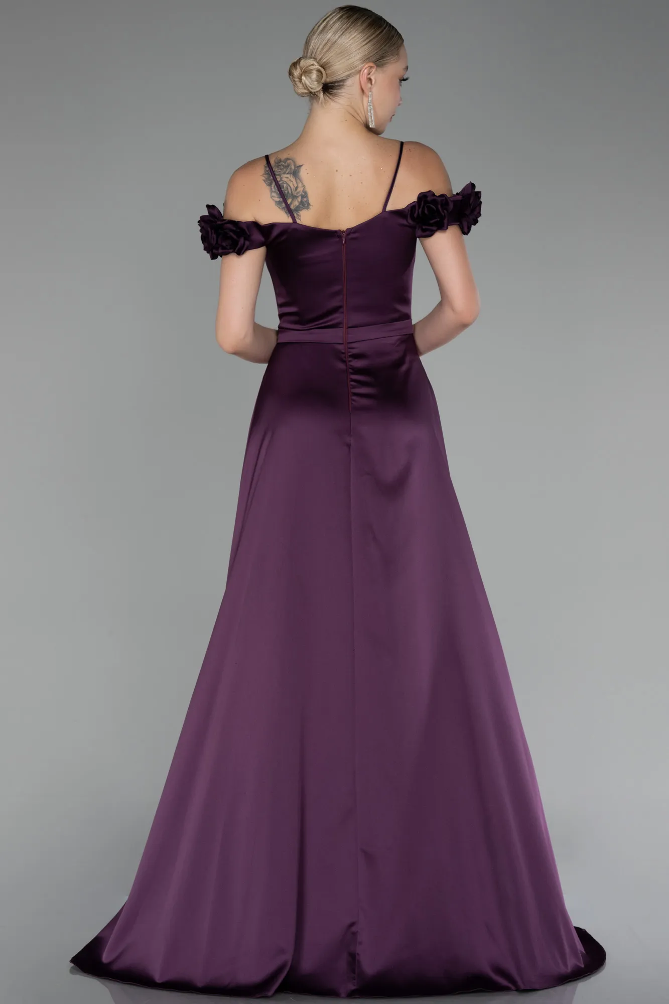 Plum-Floral Boat Neck Slit Long Satin Evening Dress ABU4123