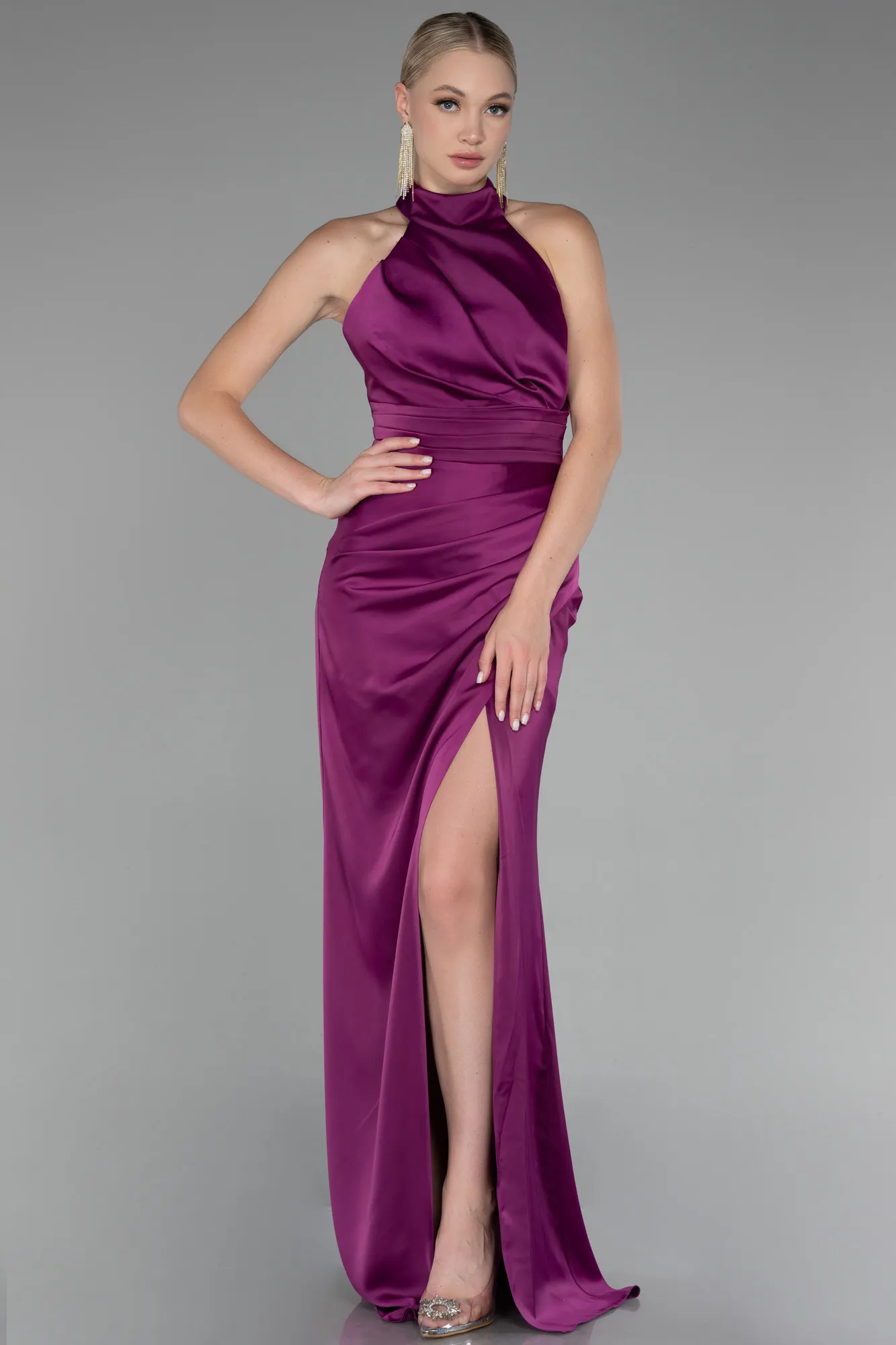 Plum-Halter Neckline Slit Satin Evening Dress ABU4109