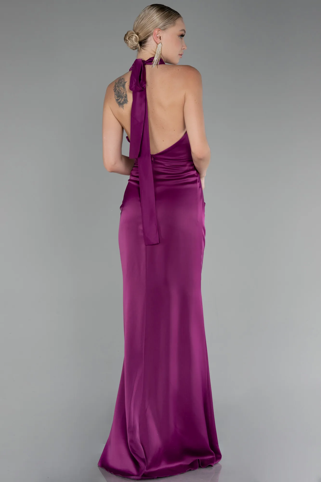 Plum-Halter Neckline Slit Satin Evening Dress ABU4109