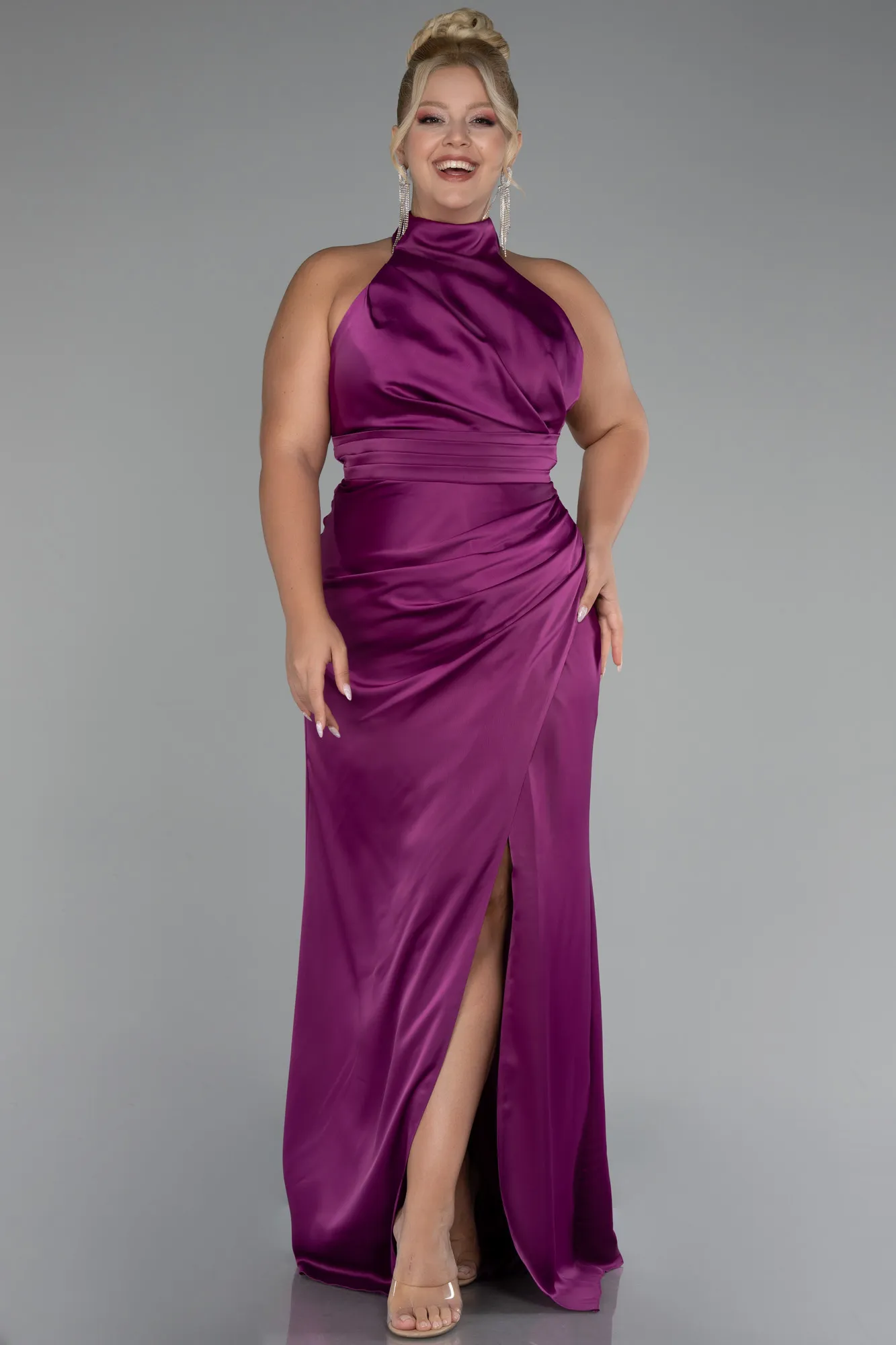 Plum-Halter Neckline Slit Satin Plus Size Evening Dress ABU4110