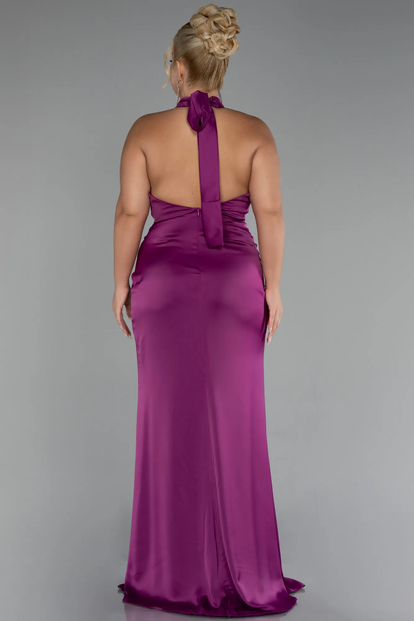 Plum-Halter Neckline Slit Satin Plus Size Evening Dress ABU4110