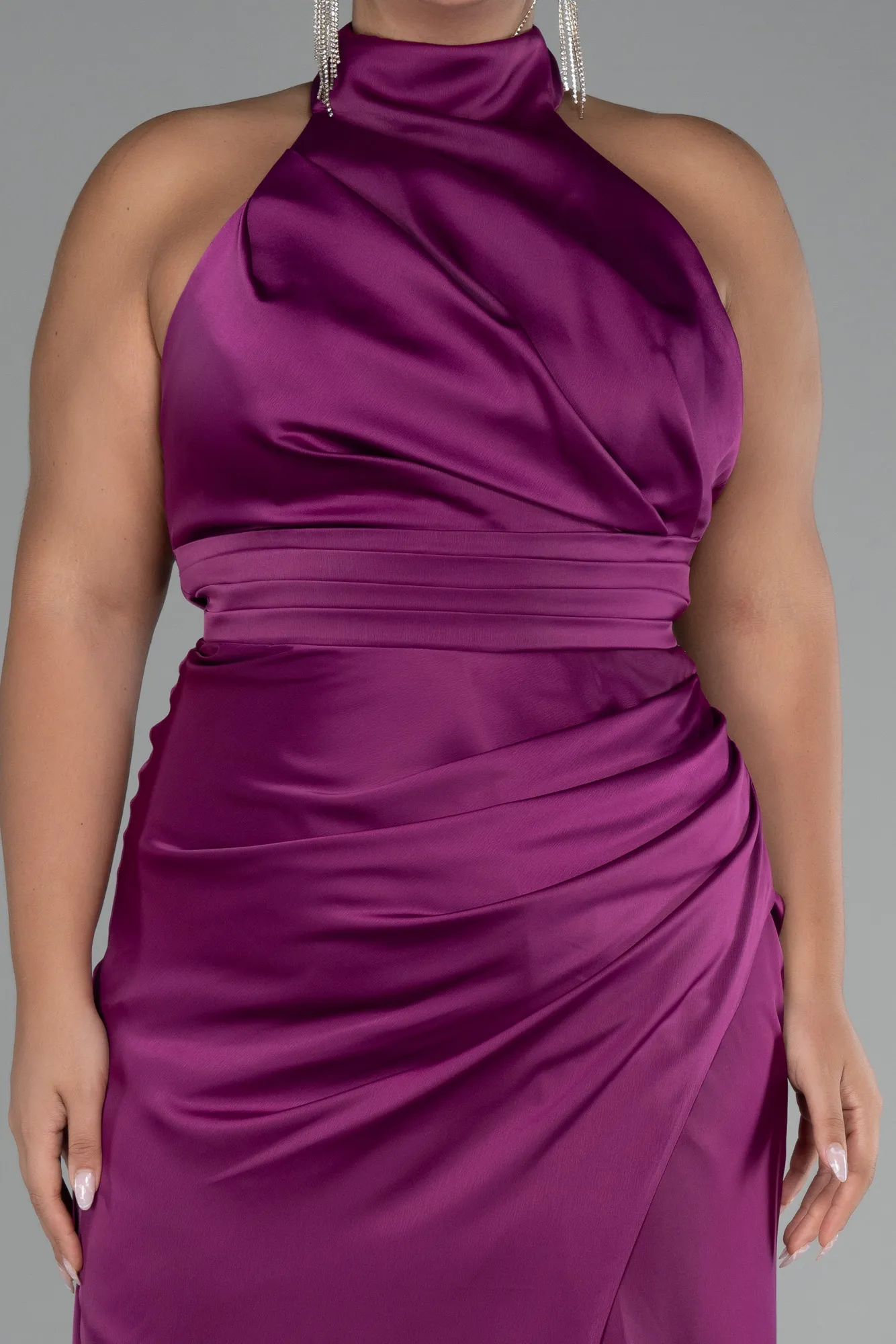 Plum-Halter Neckline Slit Satin Plus Size Evening Dress ABU4110