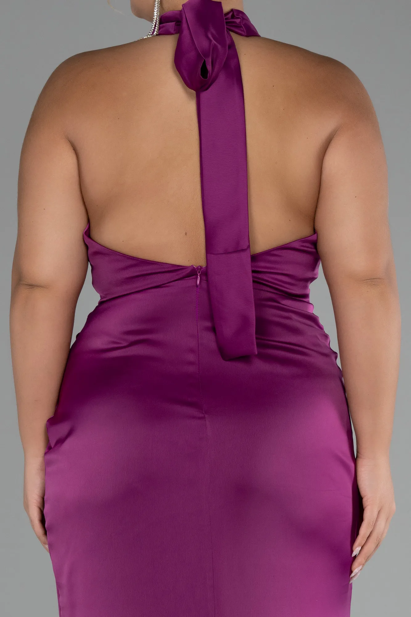 Plum-Halter Neckline Slit Satin Plus Size Evening Dress ABU4110