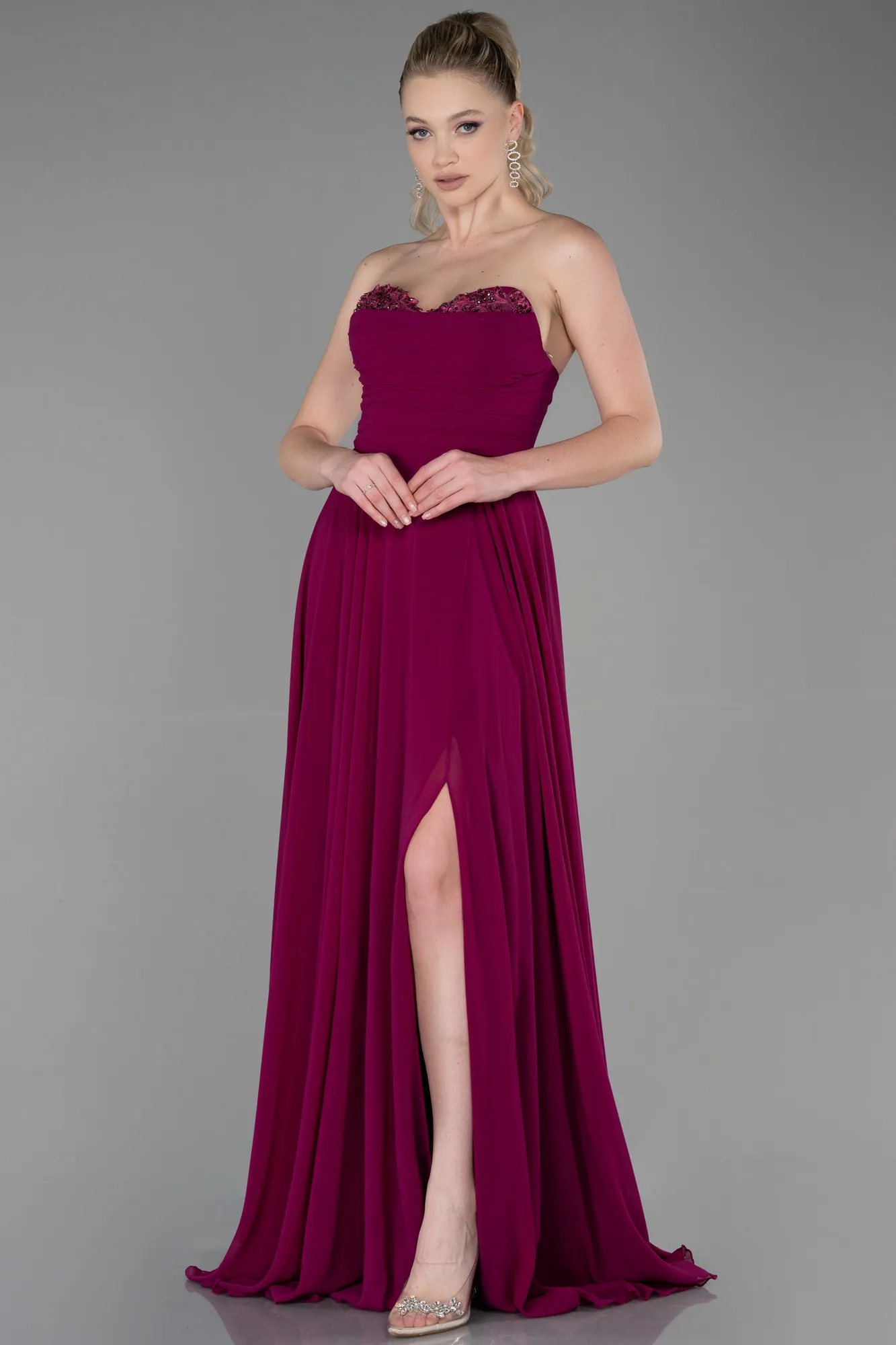 Plum-Long Chiffon Evening Dress ABU3343