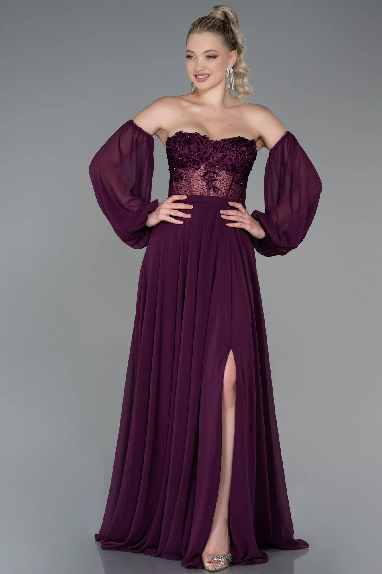 Plum-Long Chiffon Evening Dress ABU3450