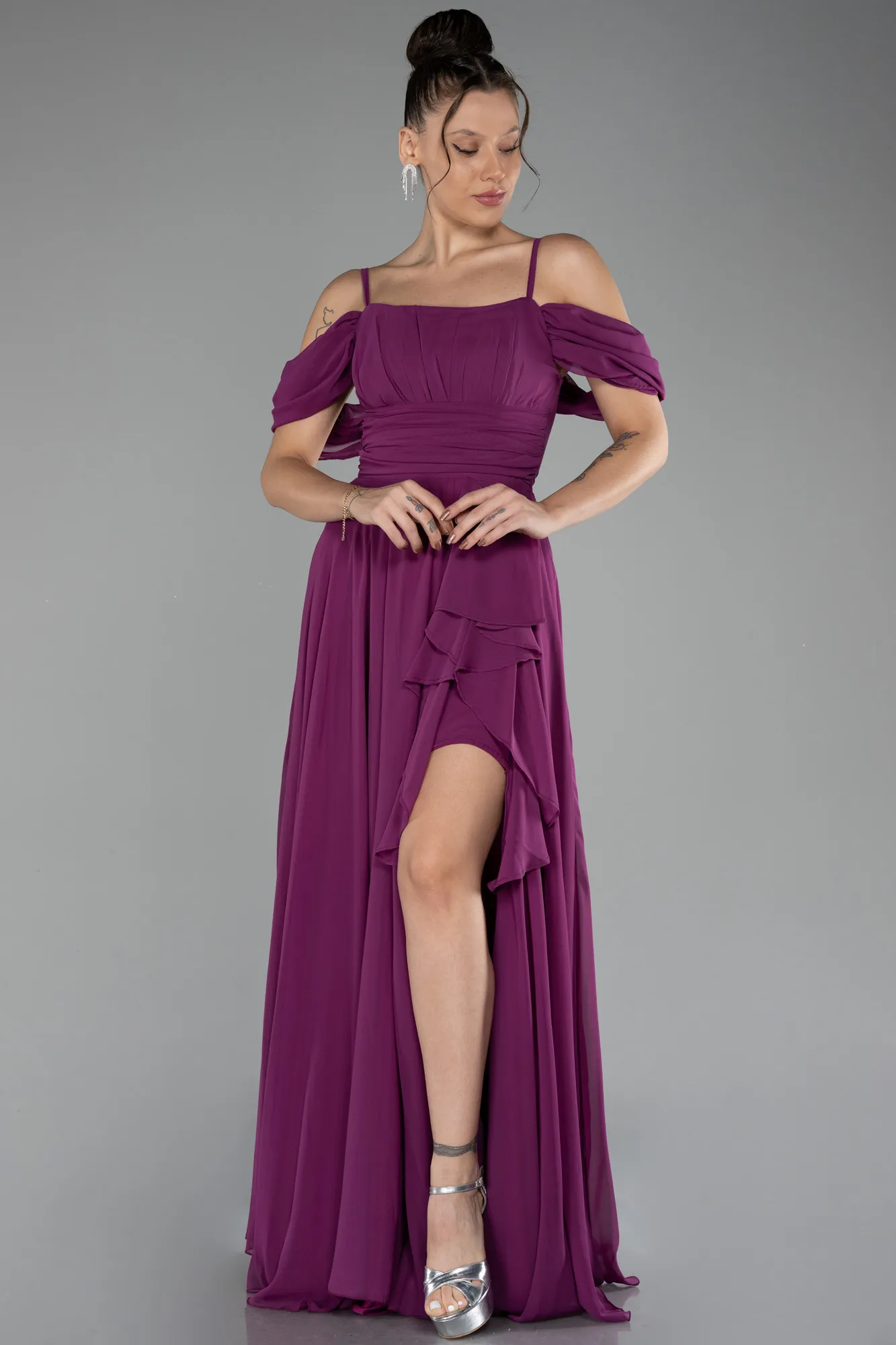 Plum-Long Chiffon Evening Dress ABU3591