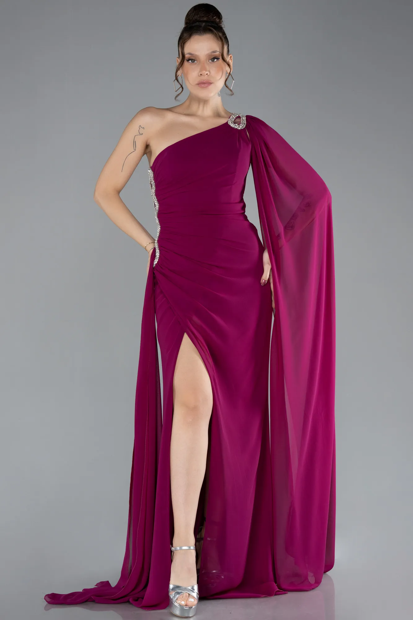 Plum-Long Chiffon Evening Dress ABU4406