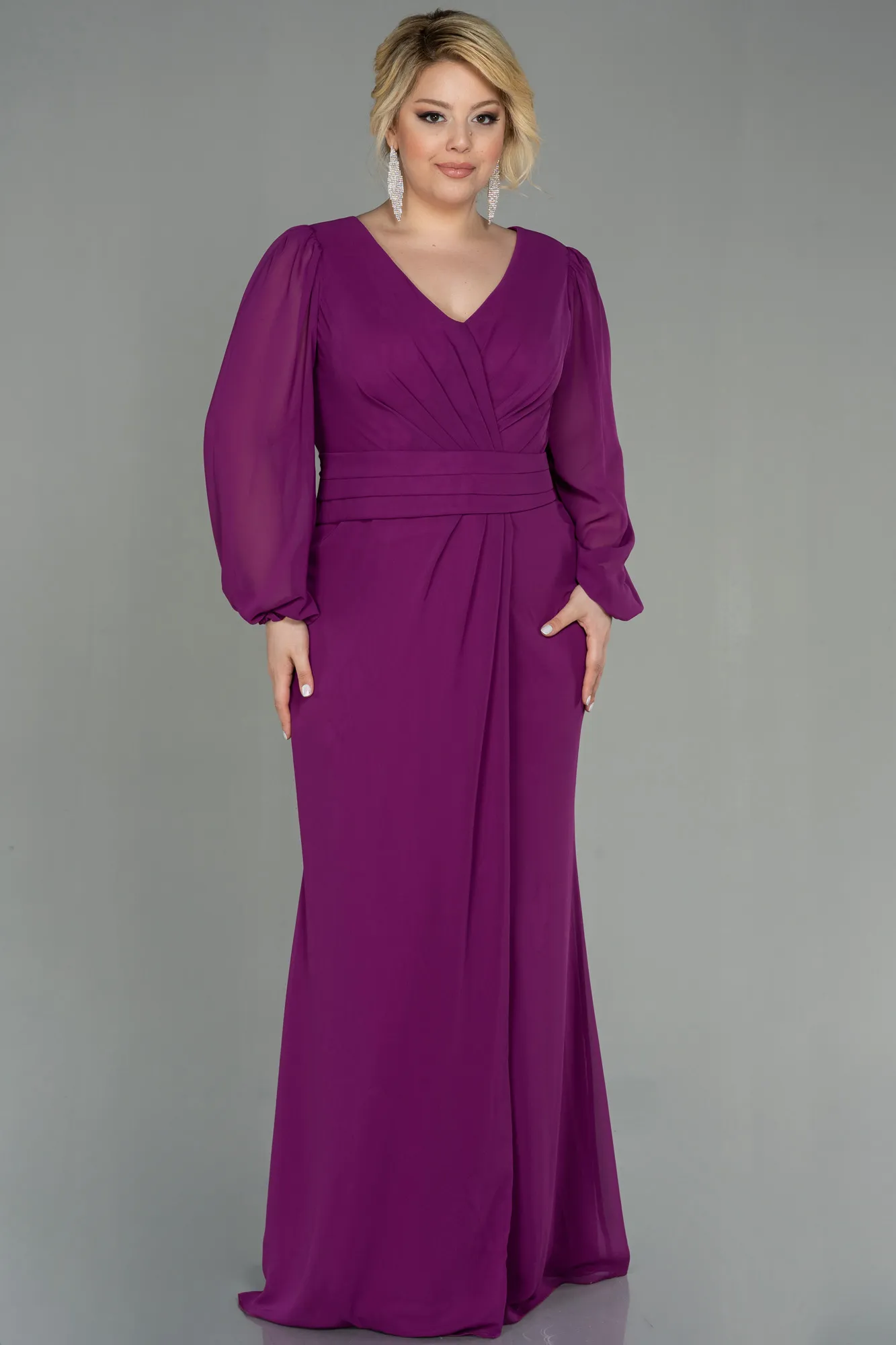 Plum-Long Chiffon Plus Size Evening Dress ABU2763