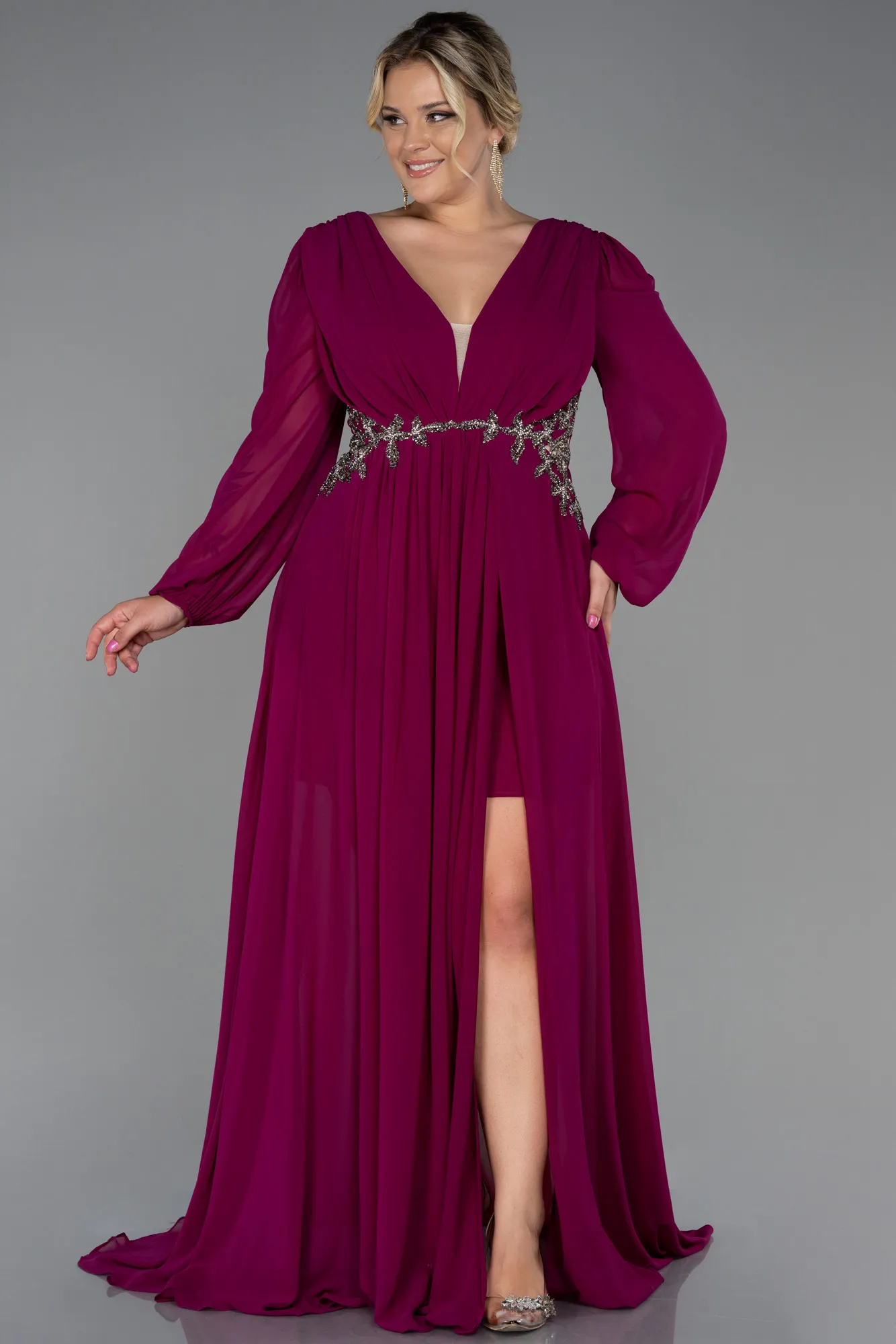 Plum-Long Chiffon Plus Size Evening Dress ABU3256