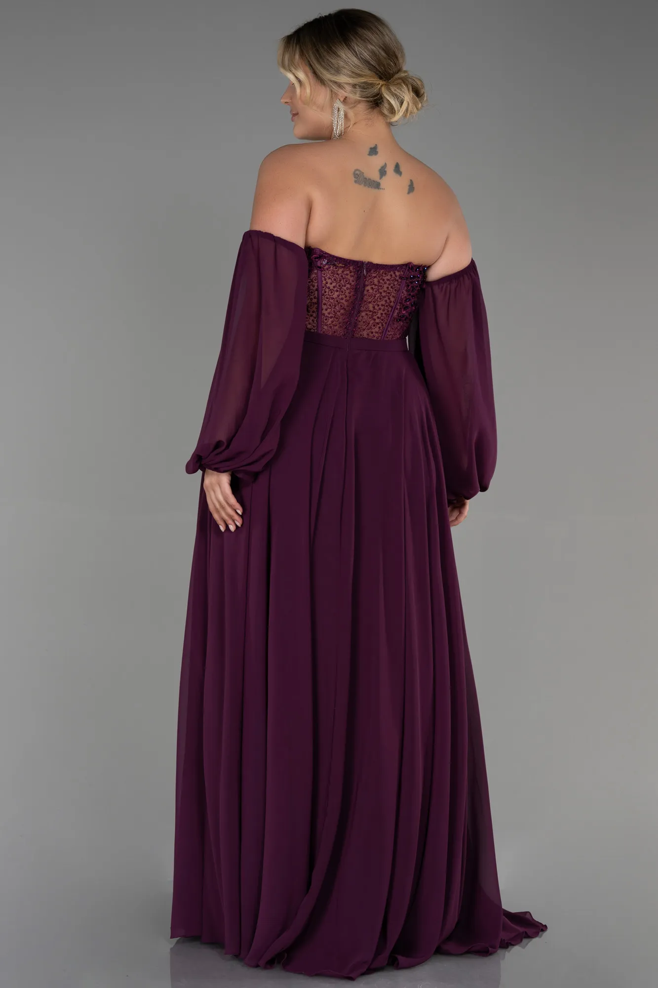 Plum-Long Chiffon Plus Size Evening Dress ABU3451