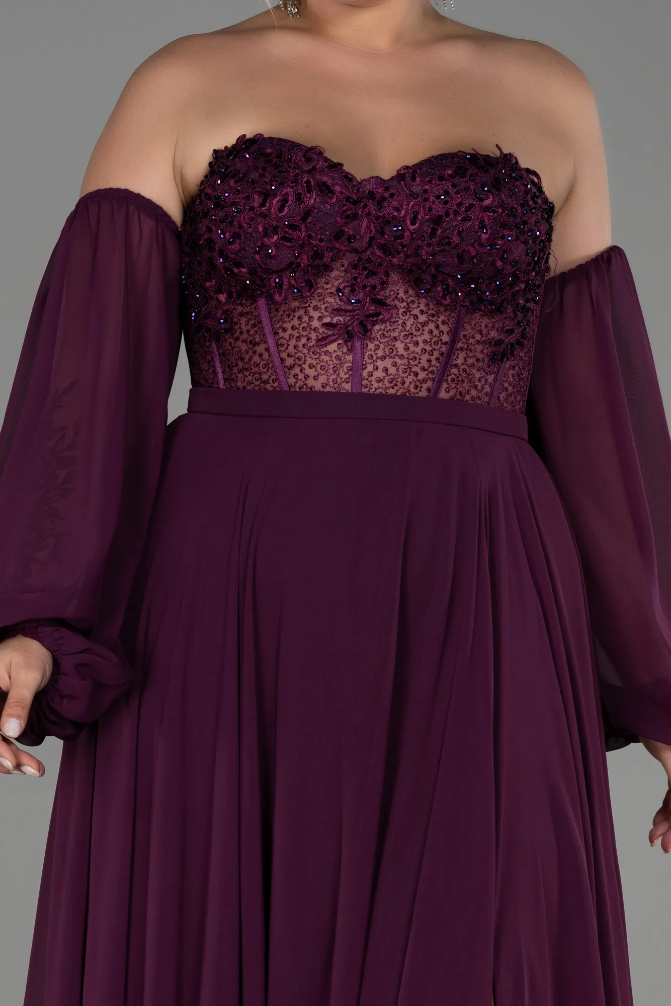 Plum-Long Chiffon Plus Size Evening Dress ABU3451