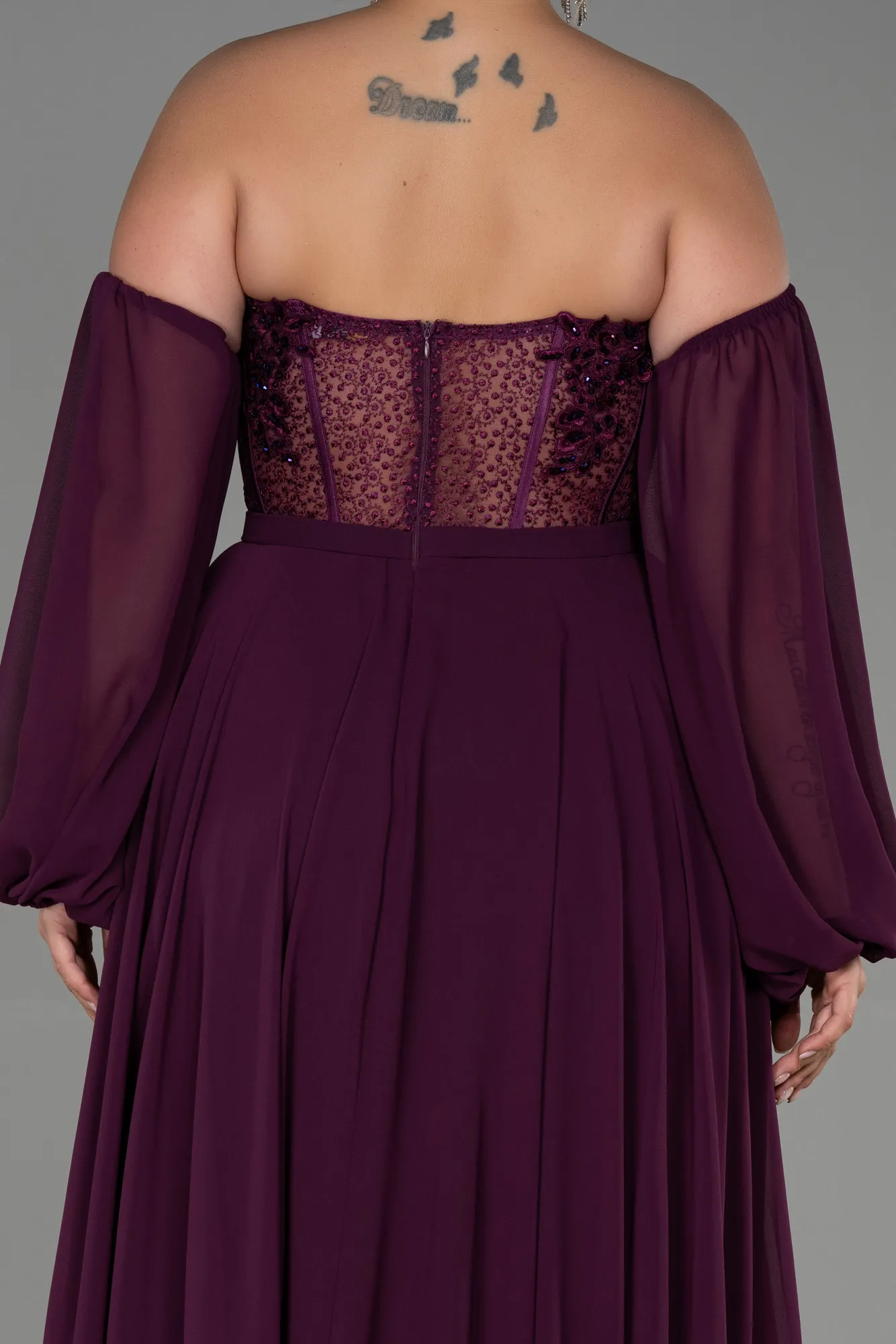 Plum-Long Chiffon Plus Size Evening Dress ABU3451