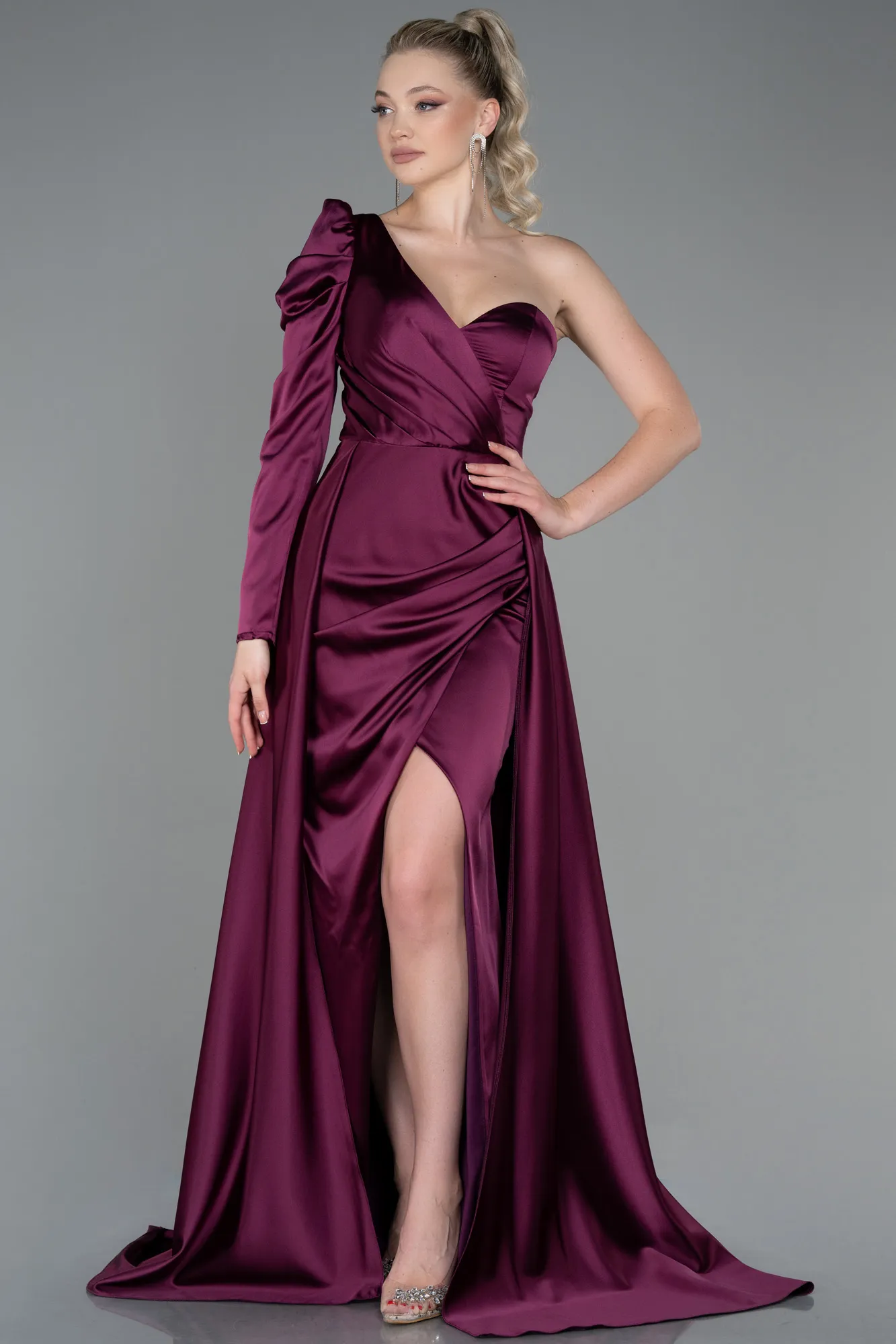 Plum-Long Satin Evening Dress ABU1715