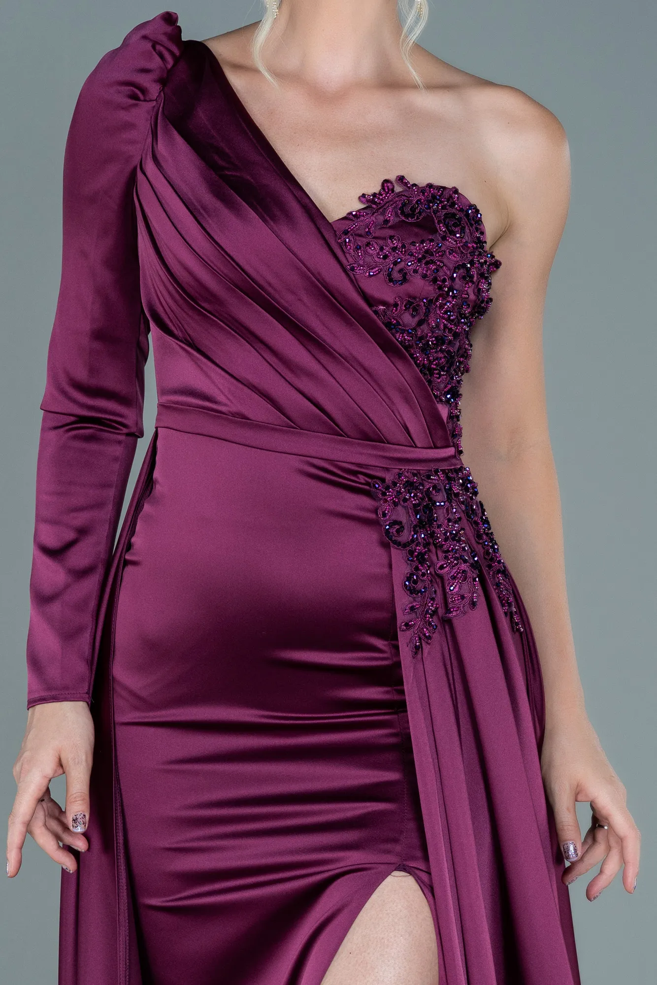 Plum-Long Satin Evening Dress ABU2610