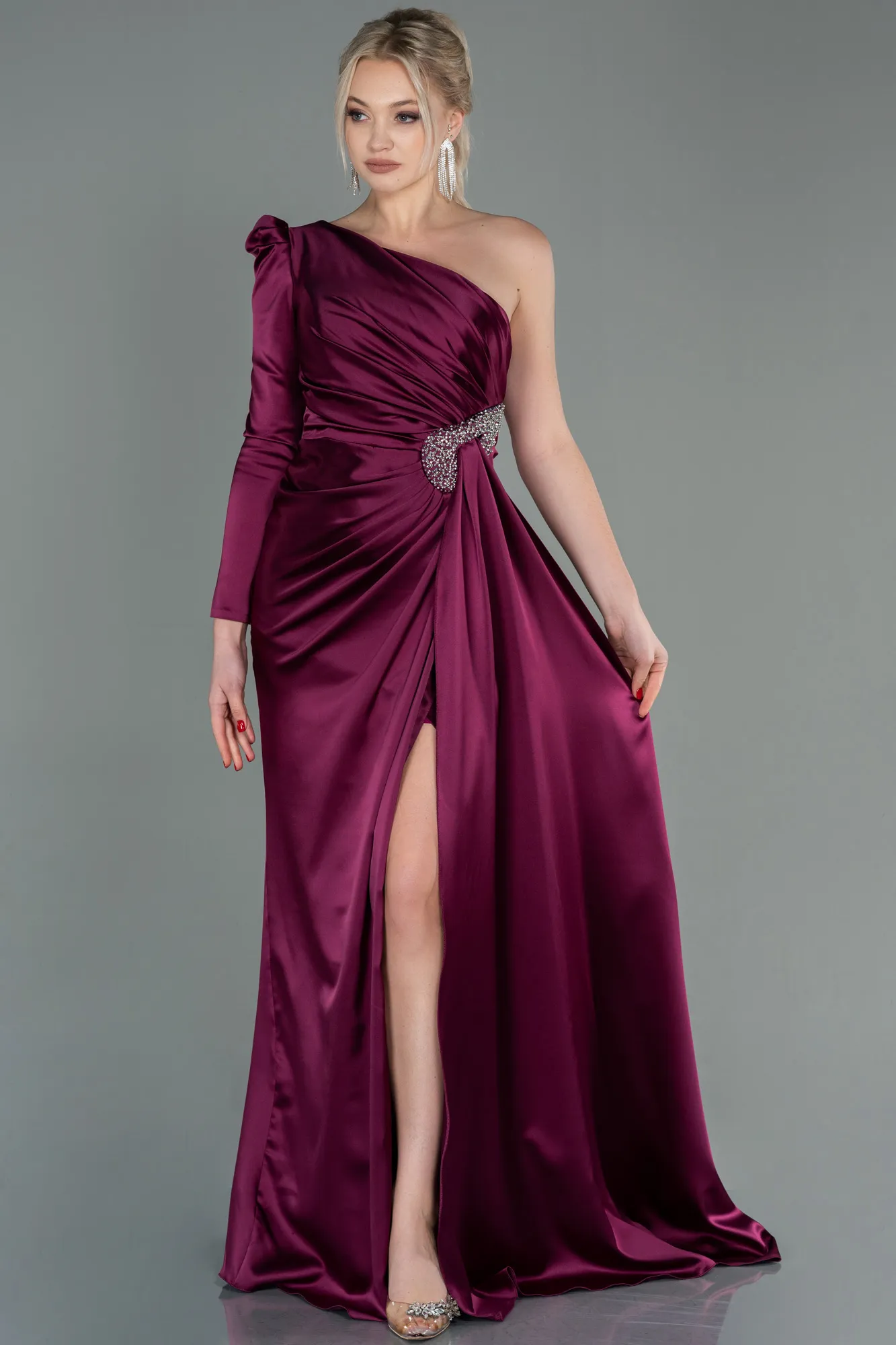 Plum-Long Satin Evening Dress ABU2676