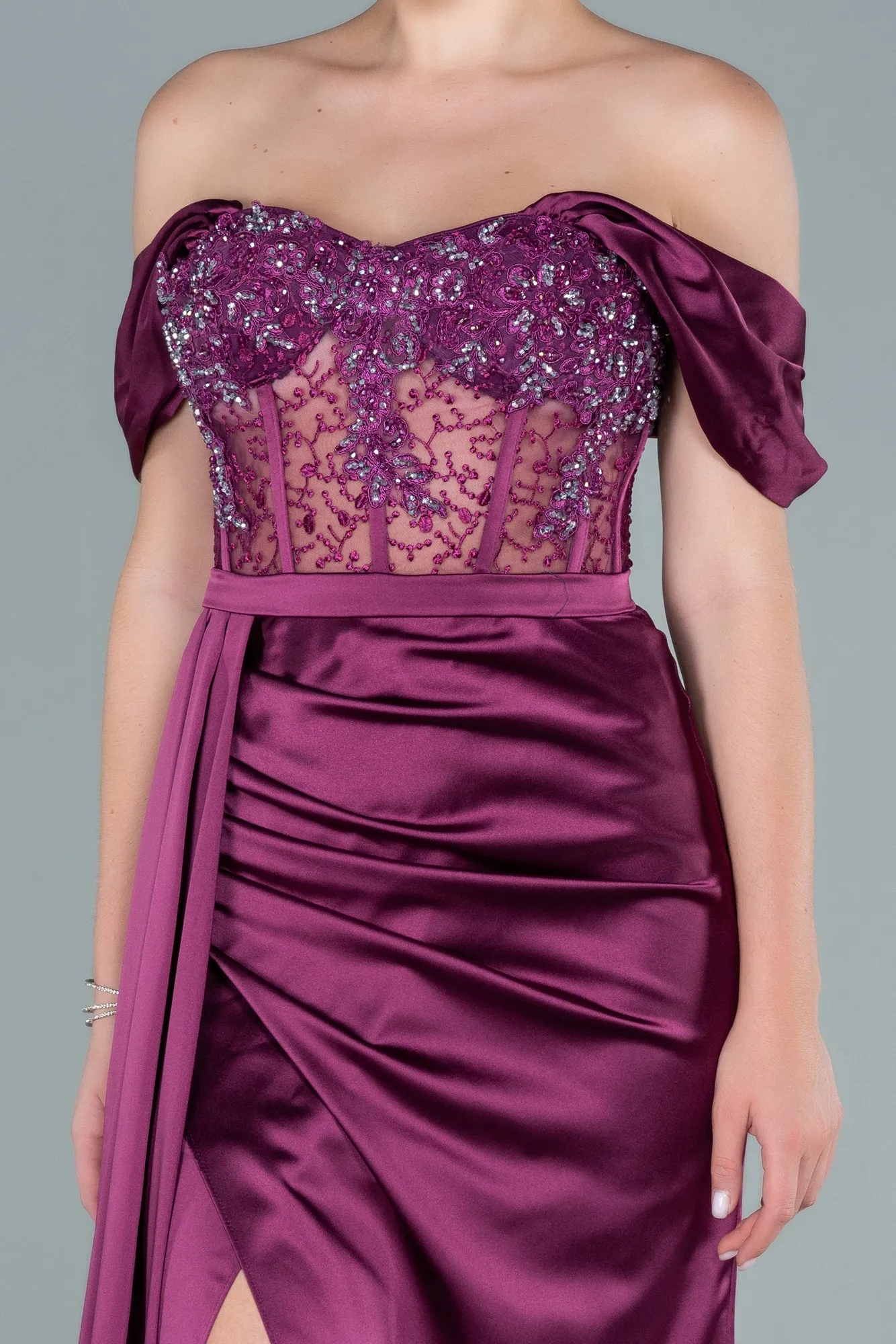 Plum-Long Satin Evening Dress ABU3448