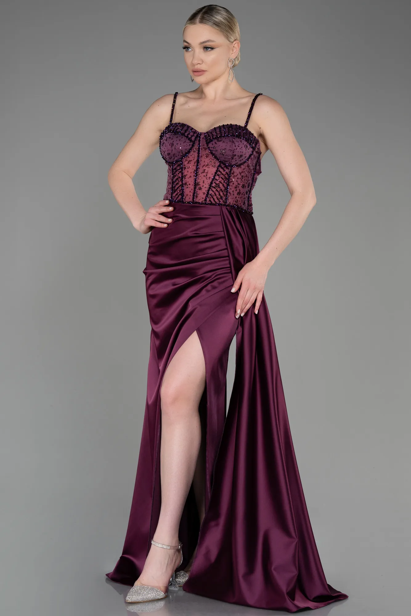 Plum-Long Satin Evening Dress ABU3875