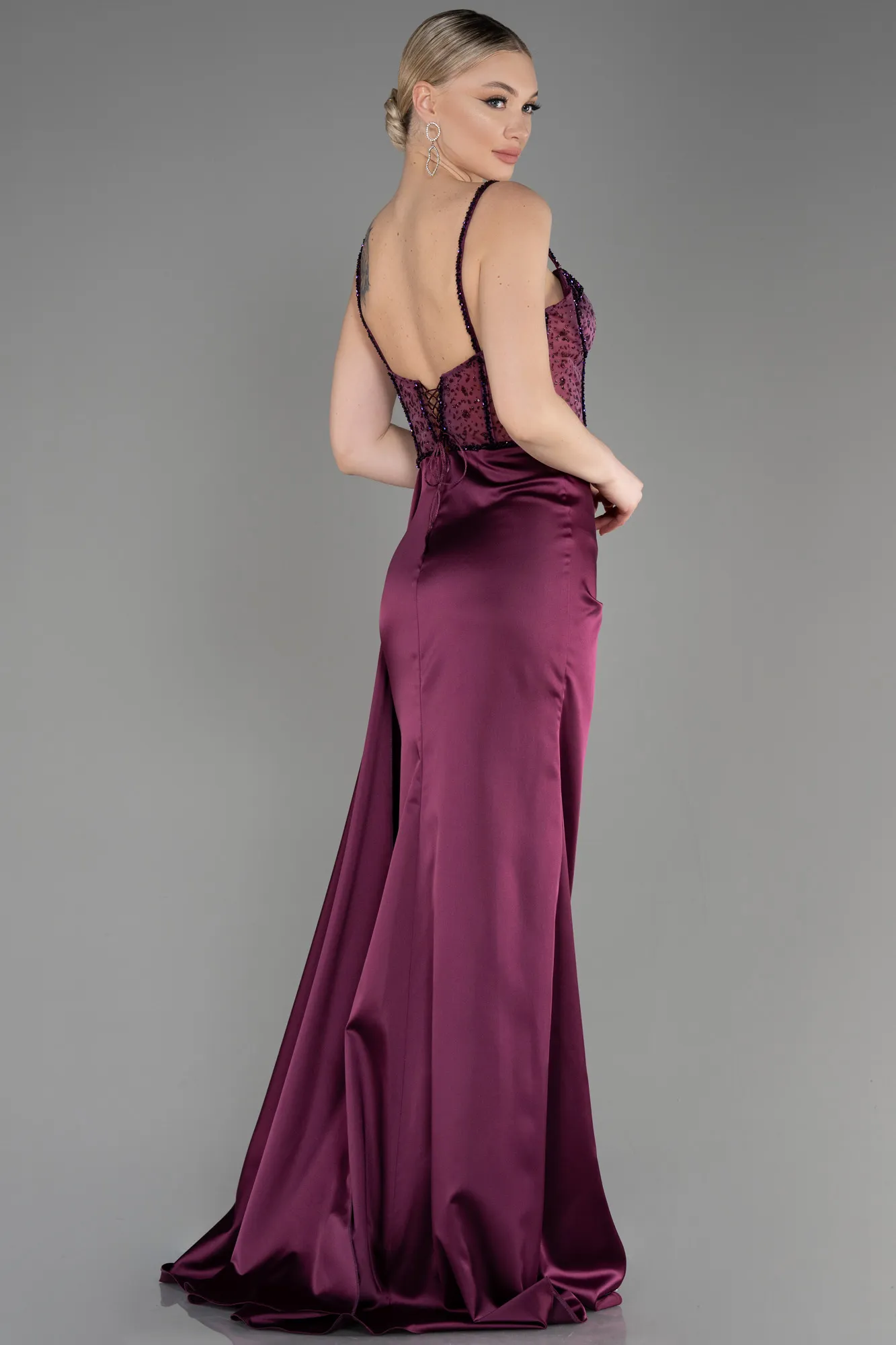 Plum-Long Satin Evening Dress ABU3875