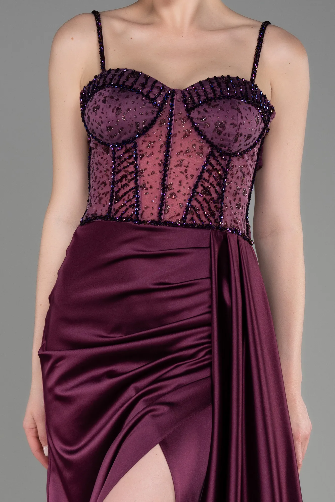 Plum-Long Satin Evening Dress ABU3875